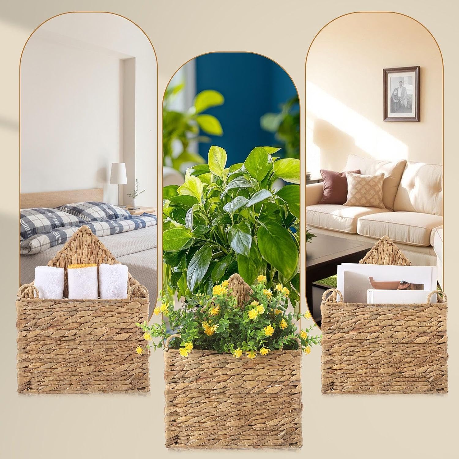 Wicker Magazine Holder Wall Basket Hanging Wall Mount Mail Rack Holder Storage Water Hyacinth House