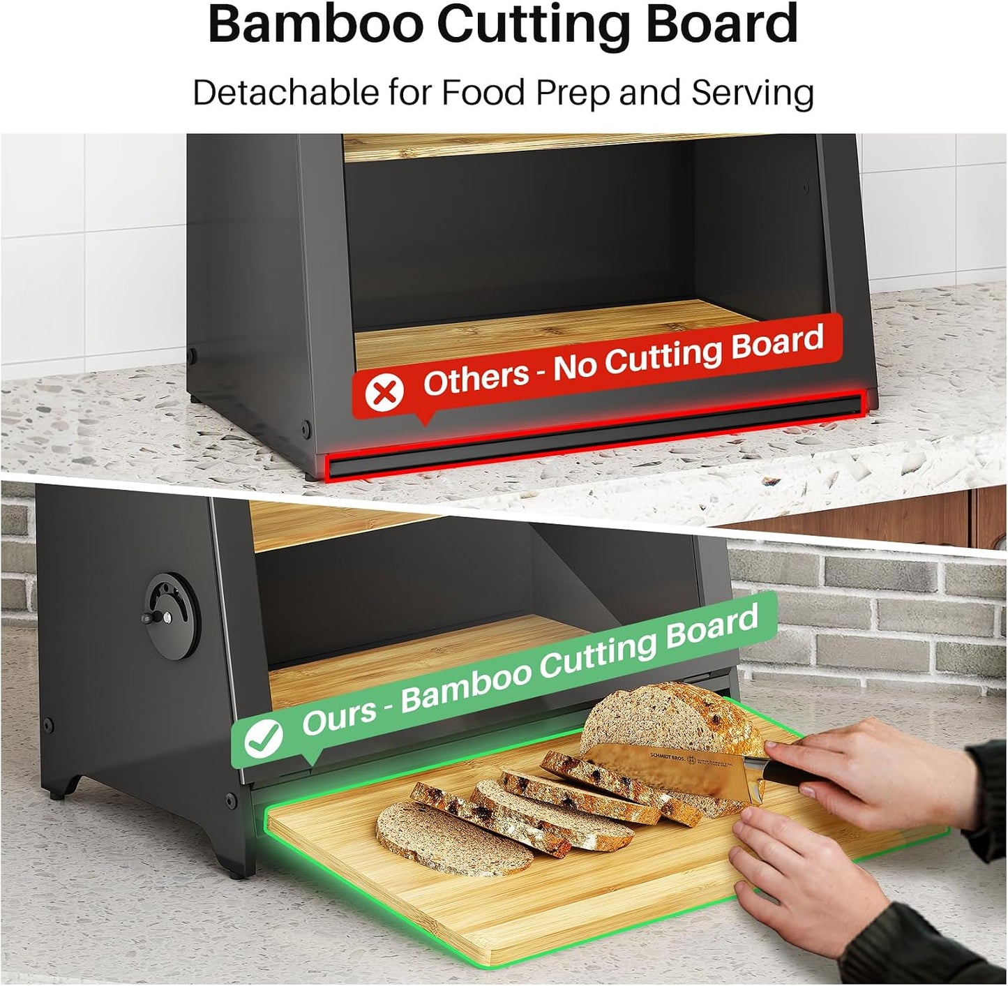 SNTD Airtight Bread Box for Kitchen Countertop, Bamboo Cutting Board, Black | Adjustable Vent Hole, Sorted Storage