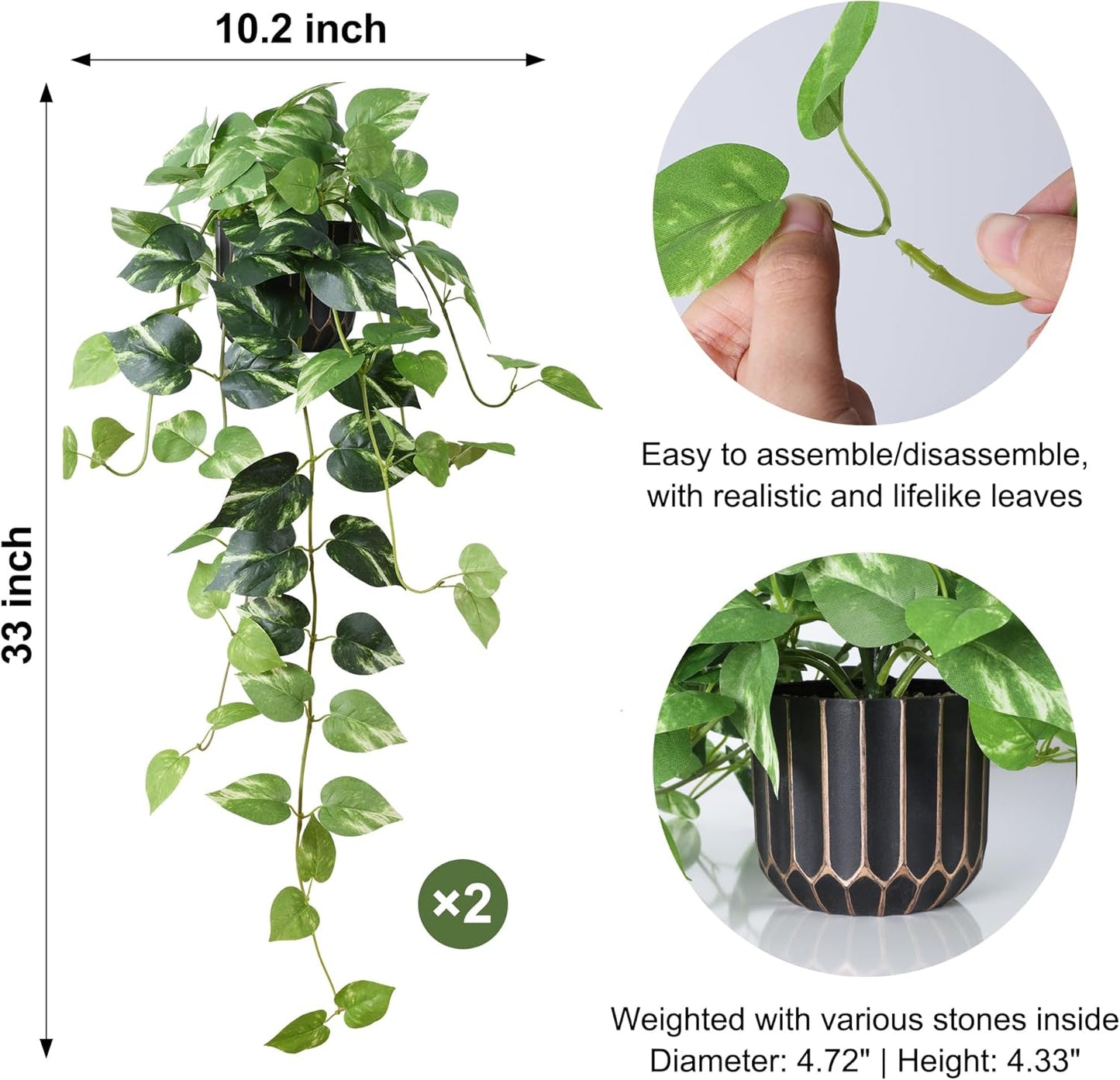 Fake Plants Faux Pothos Plants Potted Indoor Artificial / Golden Green Pothos Potted / Set of 2