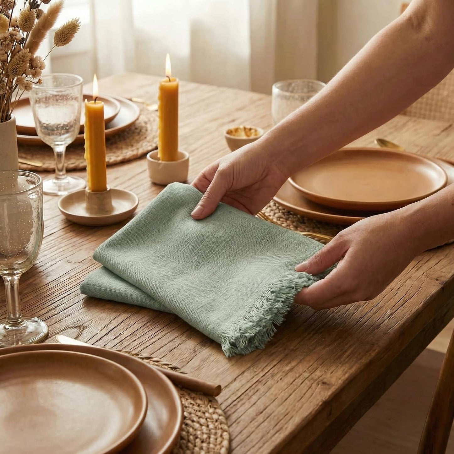 ACCENTHOME Teal Cotton Linen Napkin Set of 12 18x18 inch Dinner Napkins - Washable Soft Premium Hotel Quality Reusable