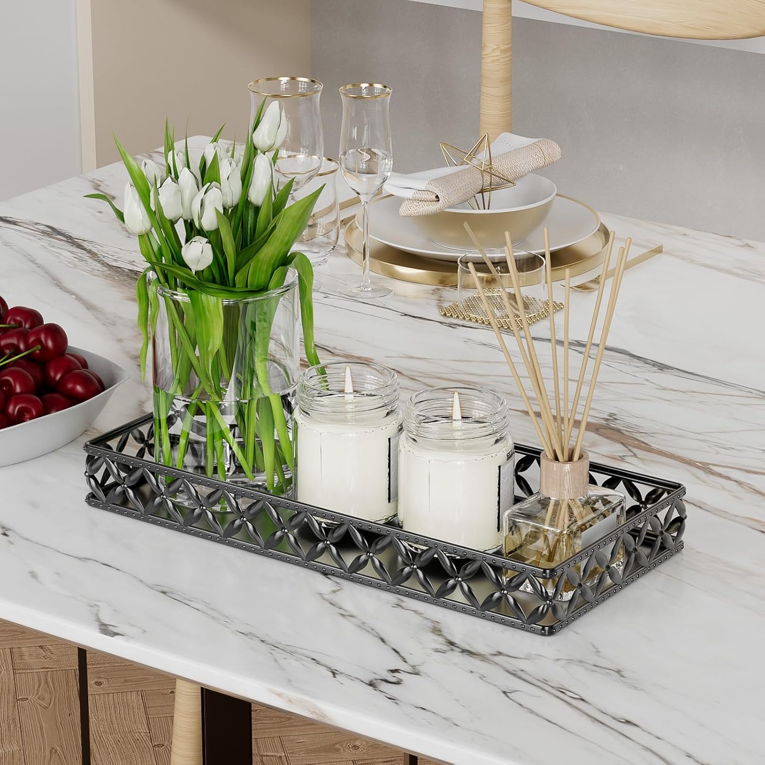 Vanity Tray / Rectangle Floral-black / 11 Inch