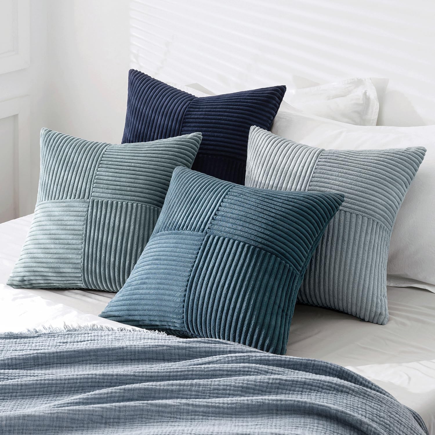 Dusty Blue Navy Farmhouse Throw Pillow Covers Boho Patchwork / 18 x 18 / Dark Blue / Set of 4