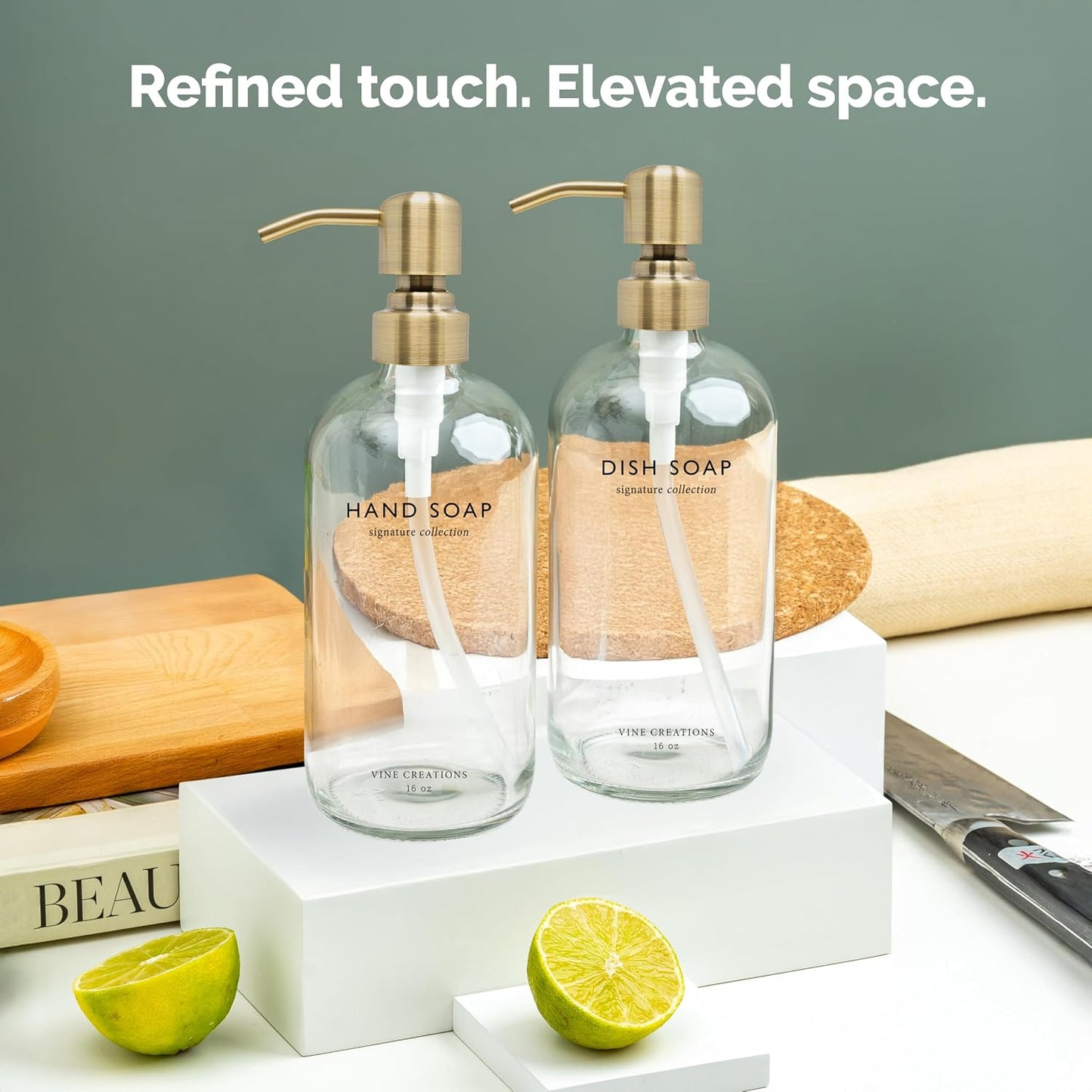 Vine Creations Clear Glass Soap Dispenser Set, Dish Soap and Hand Soap Dispenser Set with Stainless Steel Pump, 16 oz