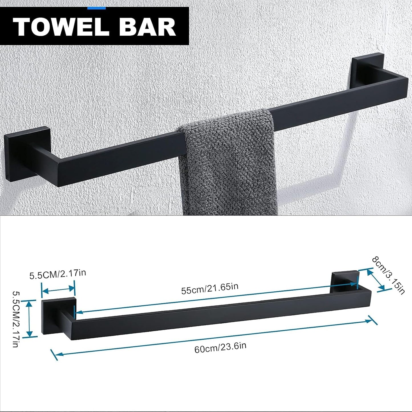 YACVCL 5 Pieces Black Bathroom Accessorie Set 23.6 Inch Towel Bar Set,SUS304Stainless Steel Bathroom Hardware Set,Wall