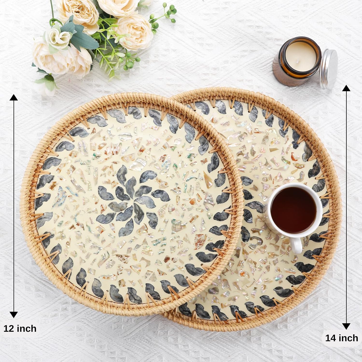 Large Rattan Serving Tray / Lucky Flower / 14 Inch