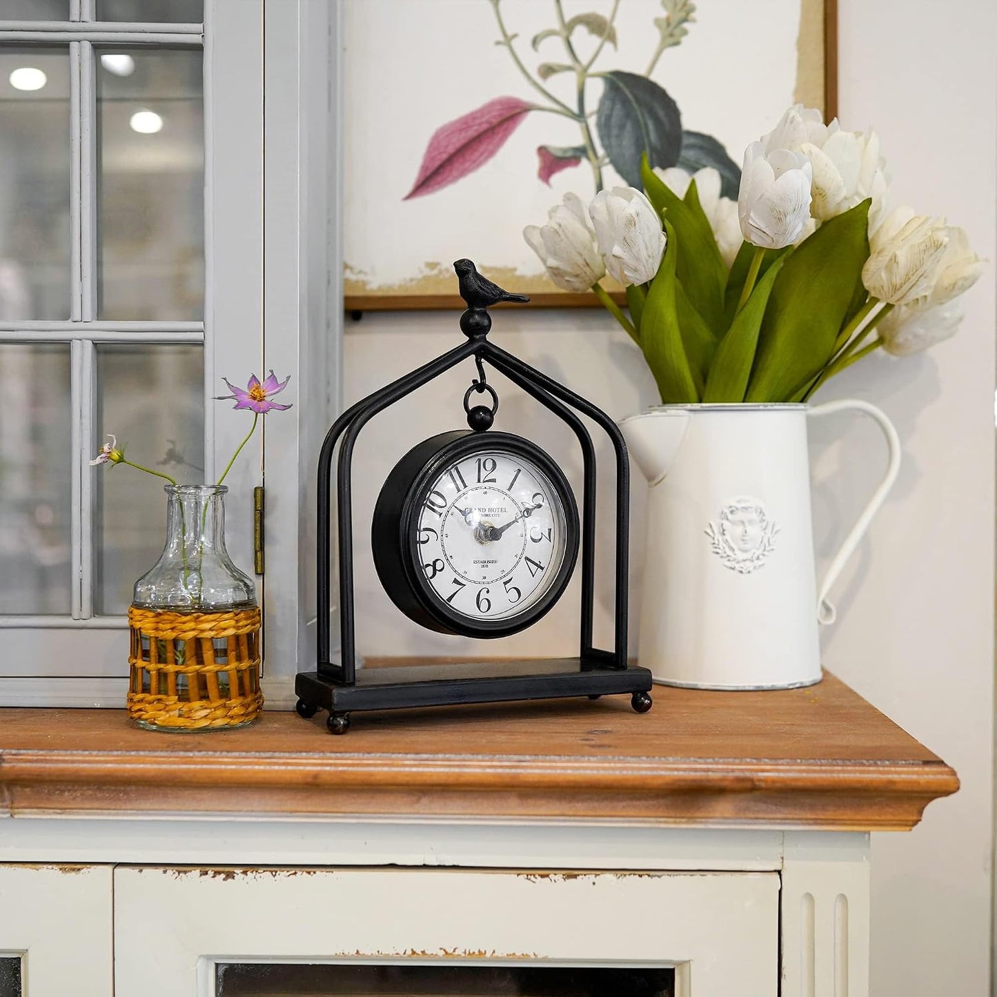 SOFFEE DESIGN 7.5'' x 10'' Mantel Clock Iron Tower Frame, Creative Bird Ornament Tabletop Clock, Silent Clock with