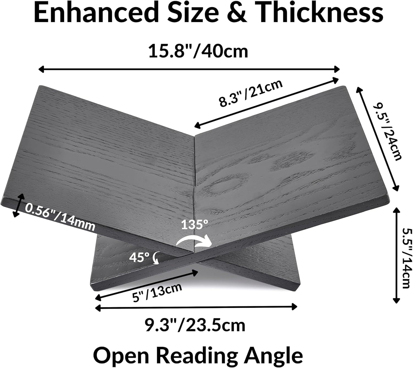 Honygebia Solid Oak Wood Book Stand, Cross Frame Open Display Holder | Solid Black Oak Wood, 14mm Thick Panels, 9.5"D x