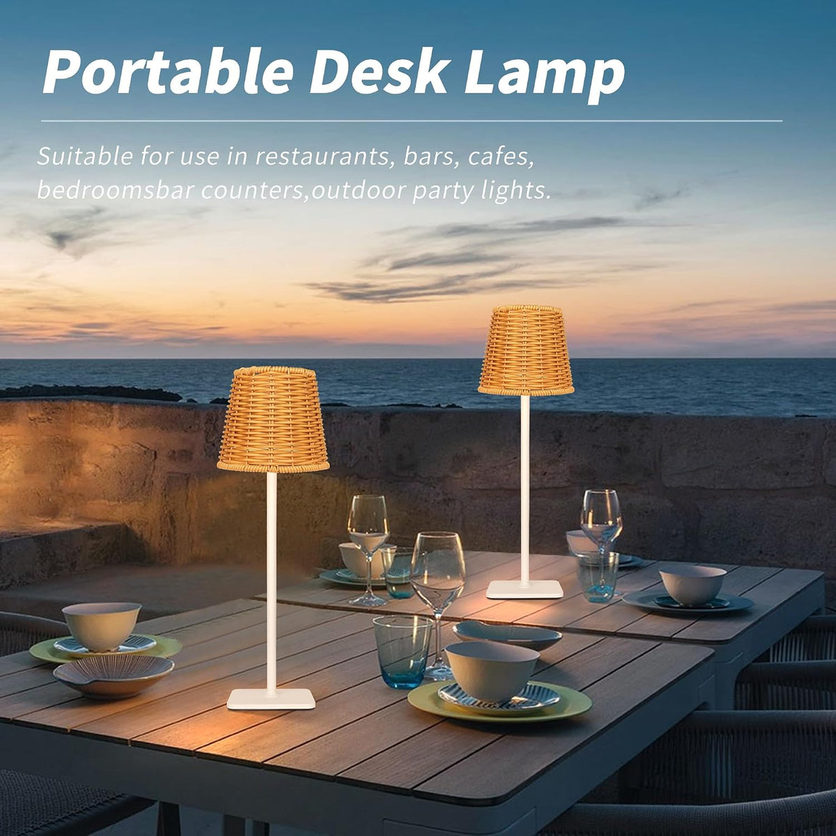 Mr.White Set of 2 Waterproof Outdoor Rechargeable Cordless Table Lamp with Wicker Shade, for Patio Restaurant Kitchen