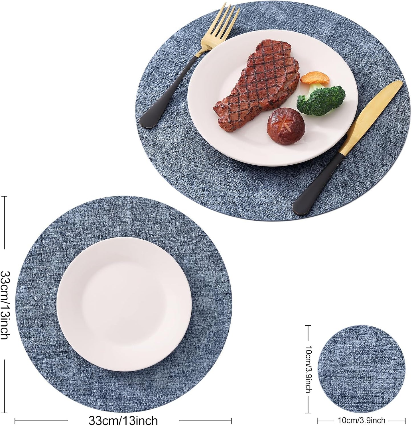 Homaxy Round Faux Leather Placemats and Coasters, Set of 12, Blue | Washable Dual-side Table Mats, Wipeable Place Mats