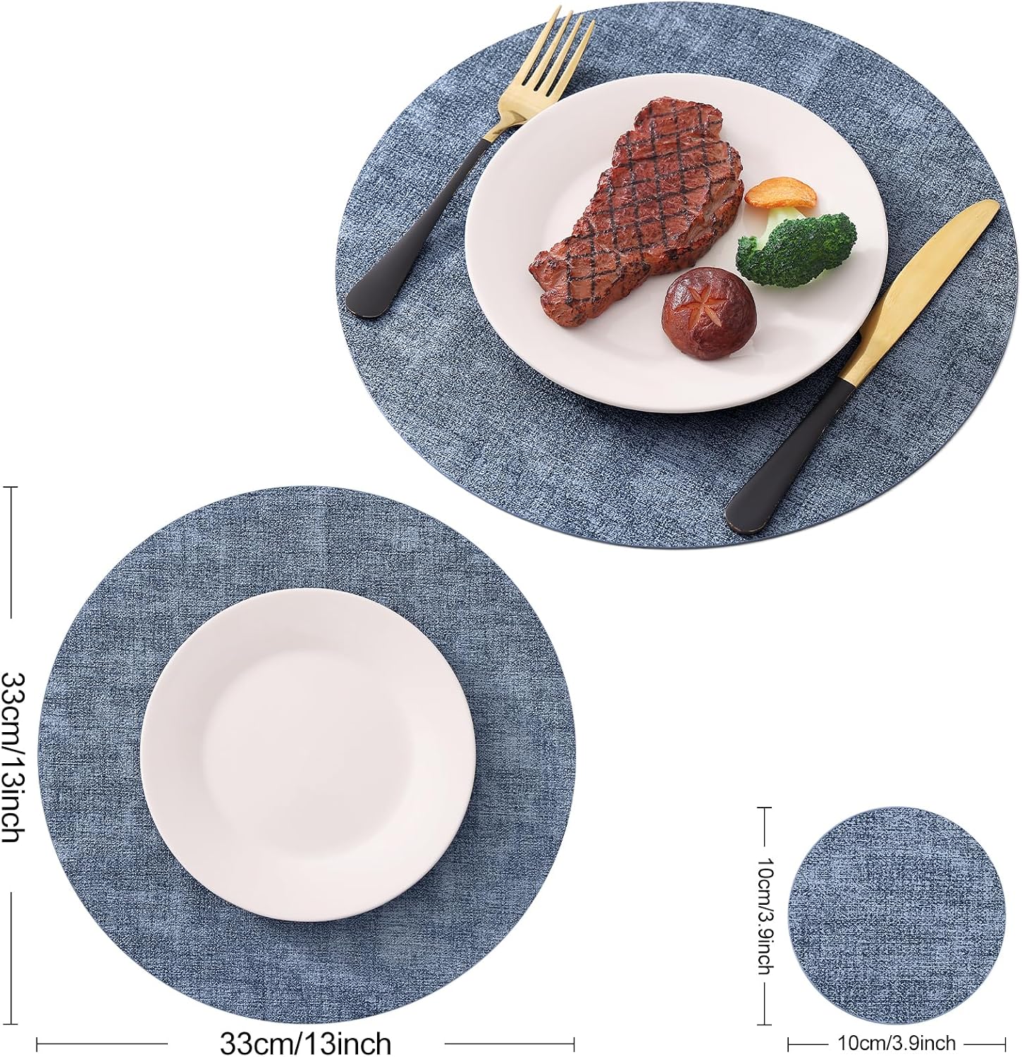 Homaxy Round Faux Leather Placemats and Coasters, Set of 12, Blue | Washable Dual-side Table Mats, Wipeable Place Mats