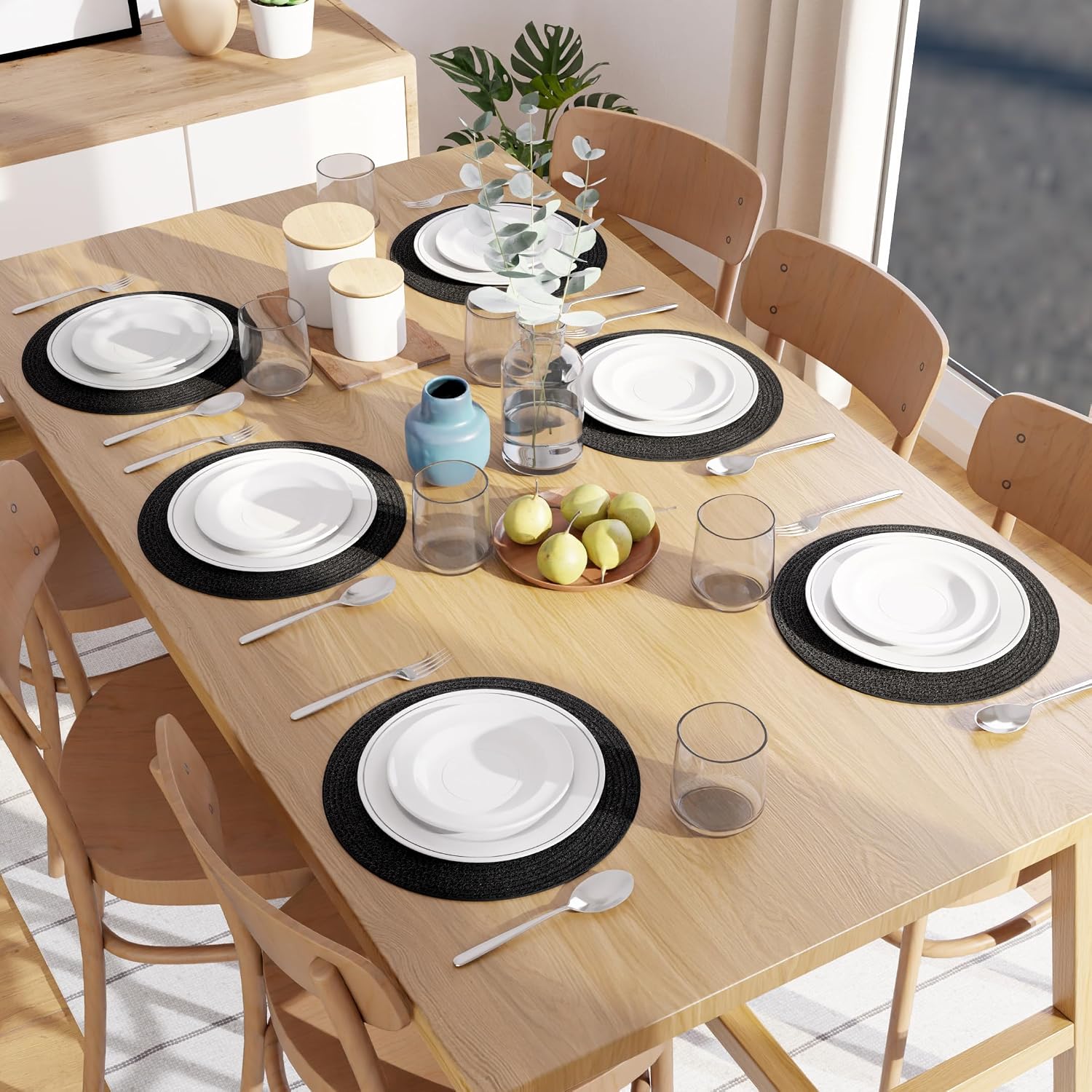 Encasa XO Placemats, Round Cotton Dining Table Mats 13" | Black, Handcrafted Ribbed Texture | Heat Resistant Trivets
