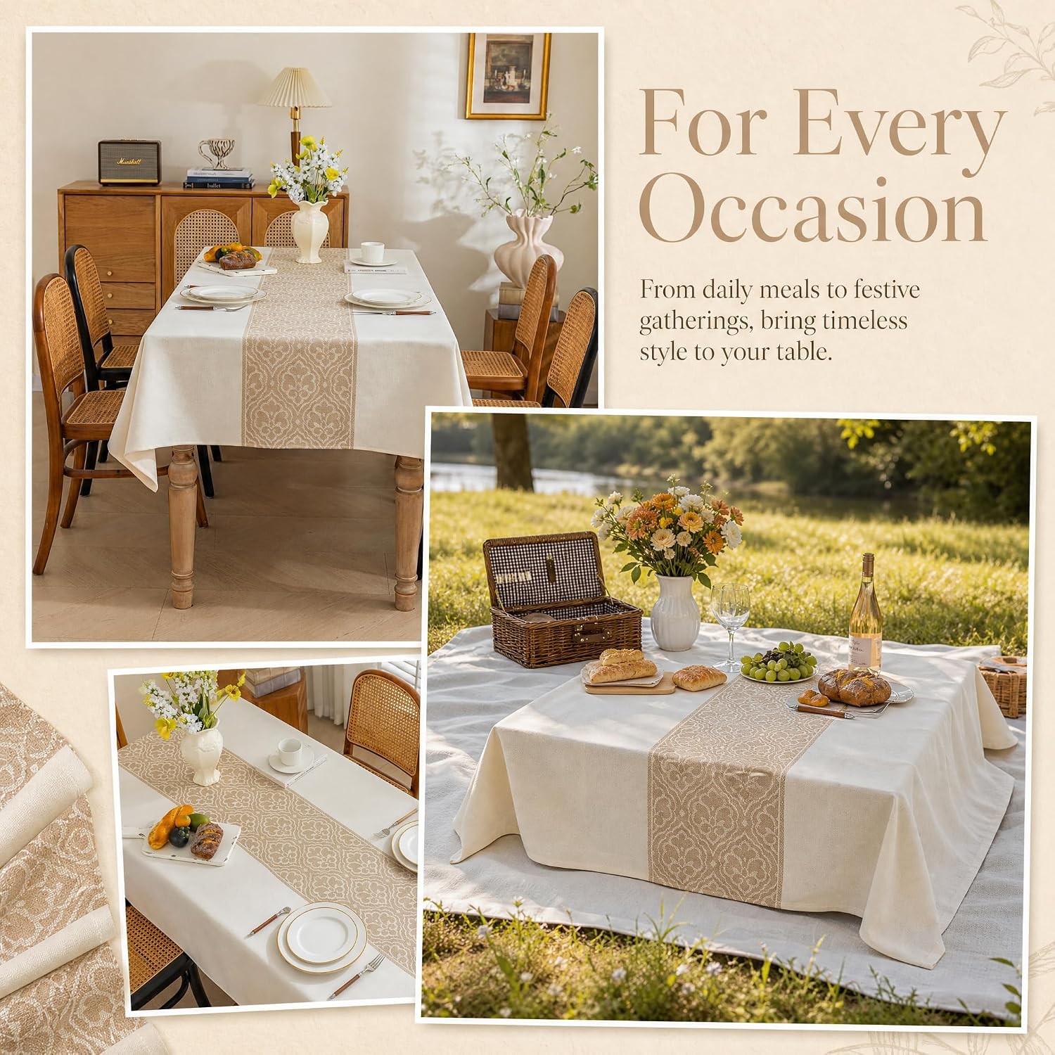 Boho Faux Linen Tablecloth, Rectangle Vintage Geometric Cover | Spillproof & Wrinkle Free Minimalist Center Table Cloth