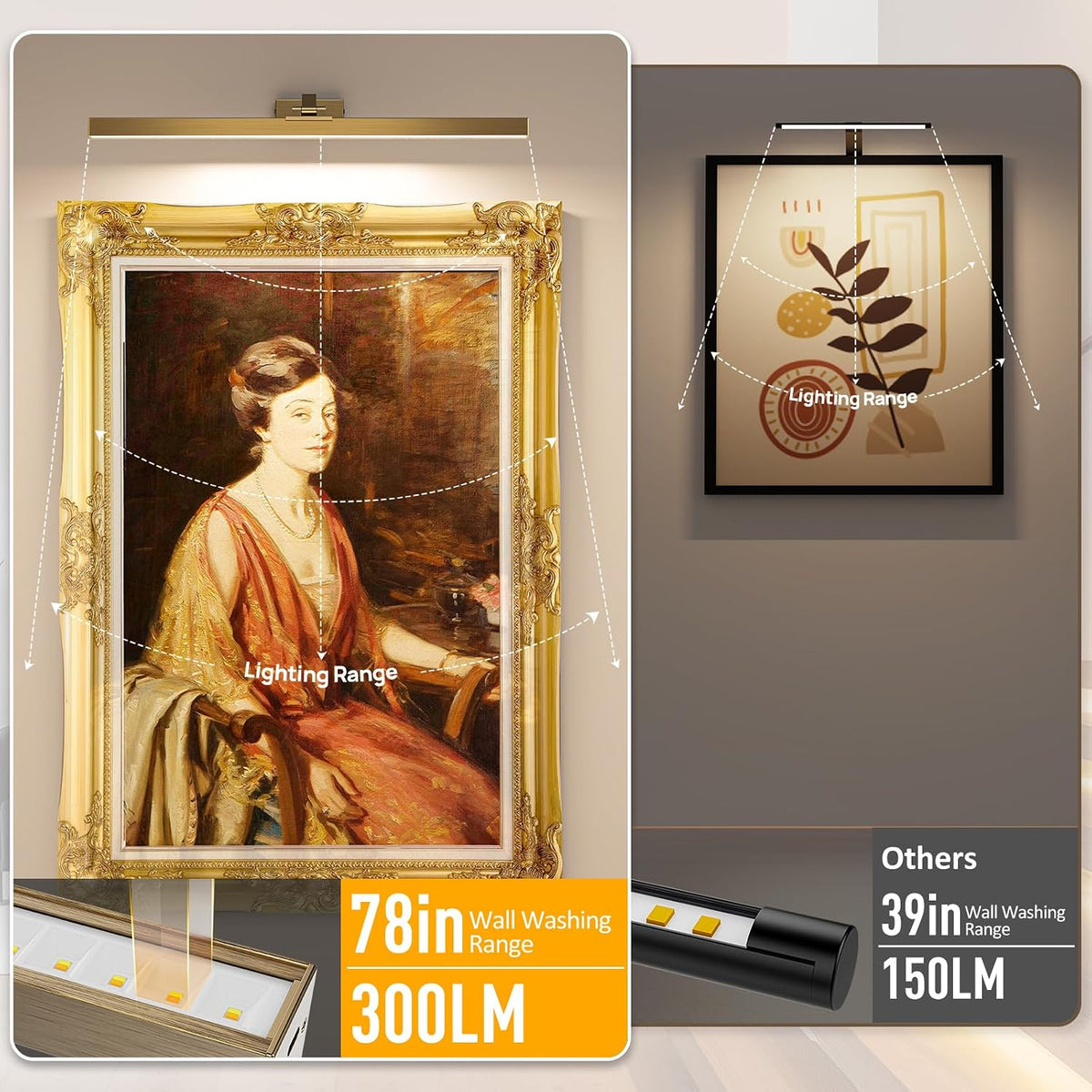 Picture Lights for Wall, Brass Battery Operated Picture Light 24in Art Light CCT Dimmable Recharging Battery Wall Light