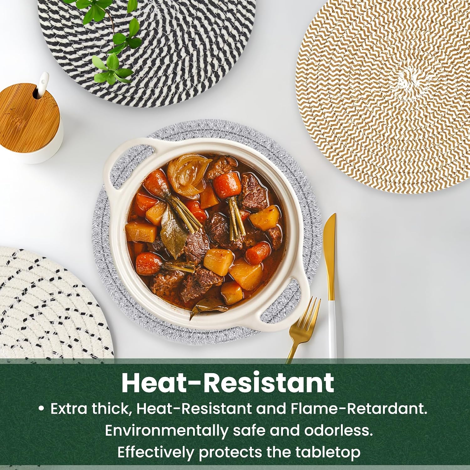10 Inch Trivets for Hot Dishes, Hot Pots and Pans, 5 Pcs | Comes with Storage Basket, Extra Large Thick Heat Resistant