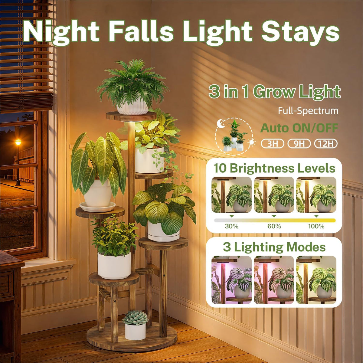 iDavosic.ly 5 Tier Wood Plant Stand Indoor Corner with Grow Light, Brown | Sturdy Tiered Orchid Display Rack, Multiple