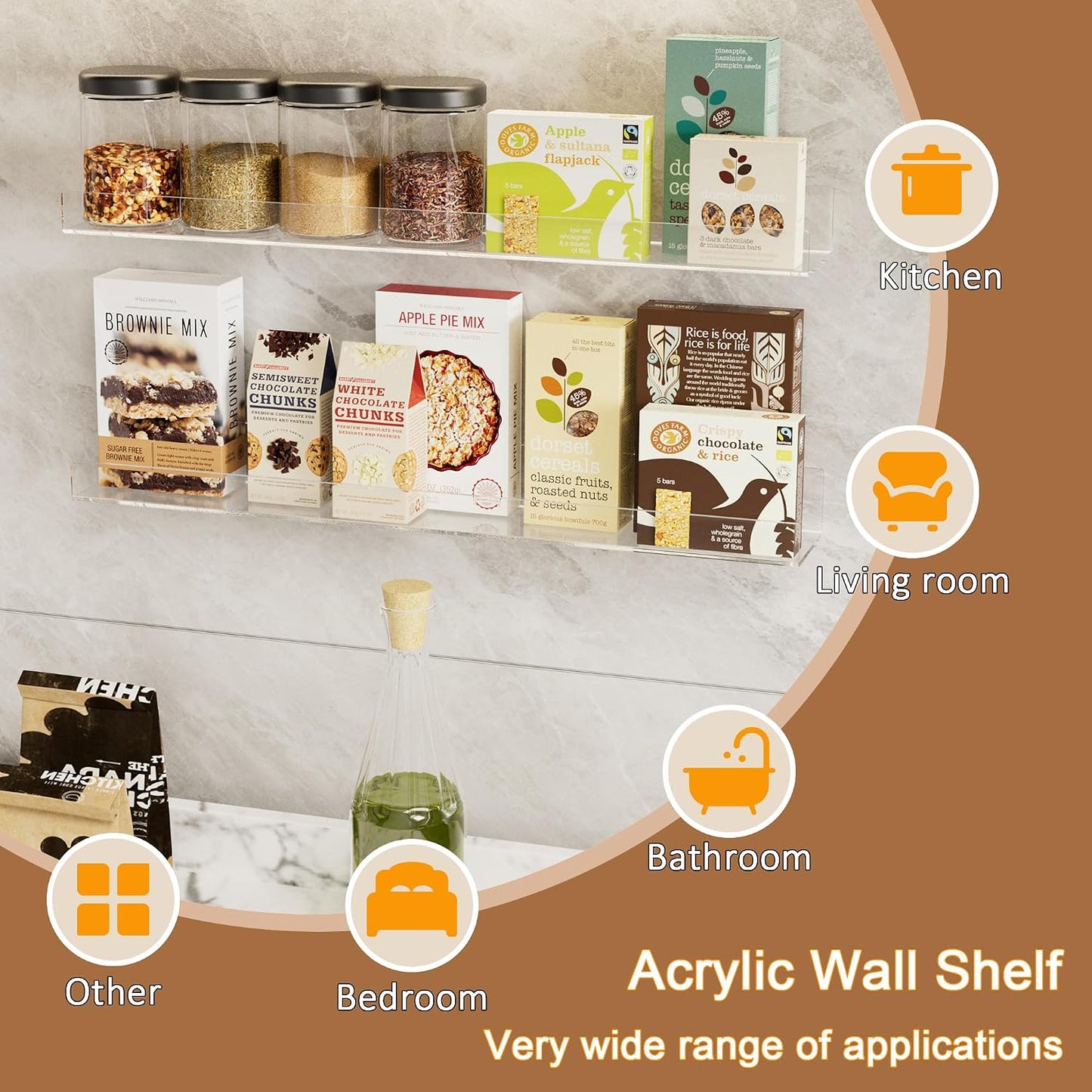24'' Clear Acrylic Wall Long Shelf 2 Pack, Acrylic Floating Book Shelves, Wall Mounting Invisible Ledge Book Shelf