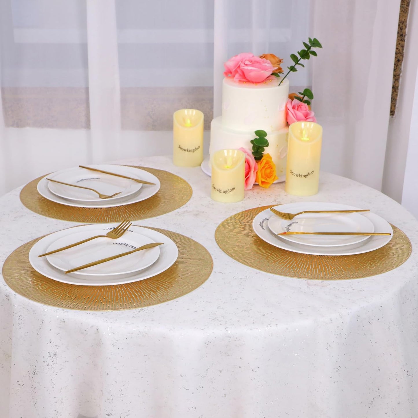 Snowkingdom Round Gold Placemats Set of 12, Gold Vinyl Metallic 15 Inch Round Placemat, Washable Wipeable Hollow Place
