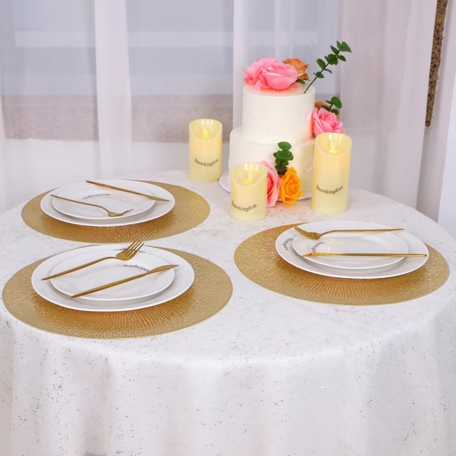 Snowkingdom Round Gold Placemats Set of 12, Gold Vinyl Metallic 15 Inch Round Placemat, Washable Wipeable Hollow Place