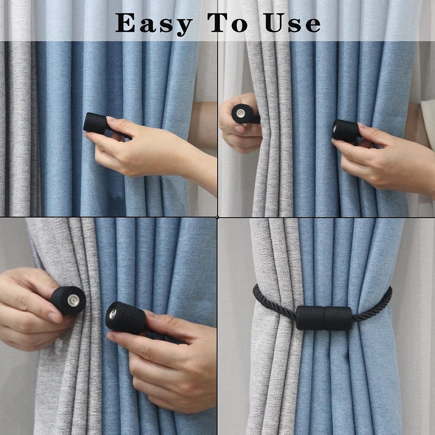 Magnetic Curtain Tiebacks Holdbacks Decorative Tie Backs for Windows Porlau | 6 Pack Black Modern Outdoor Drapes