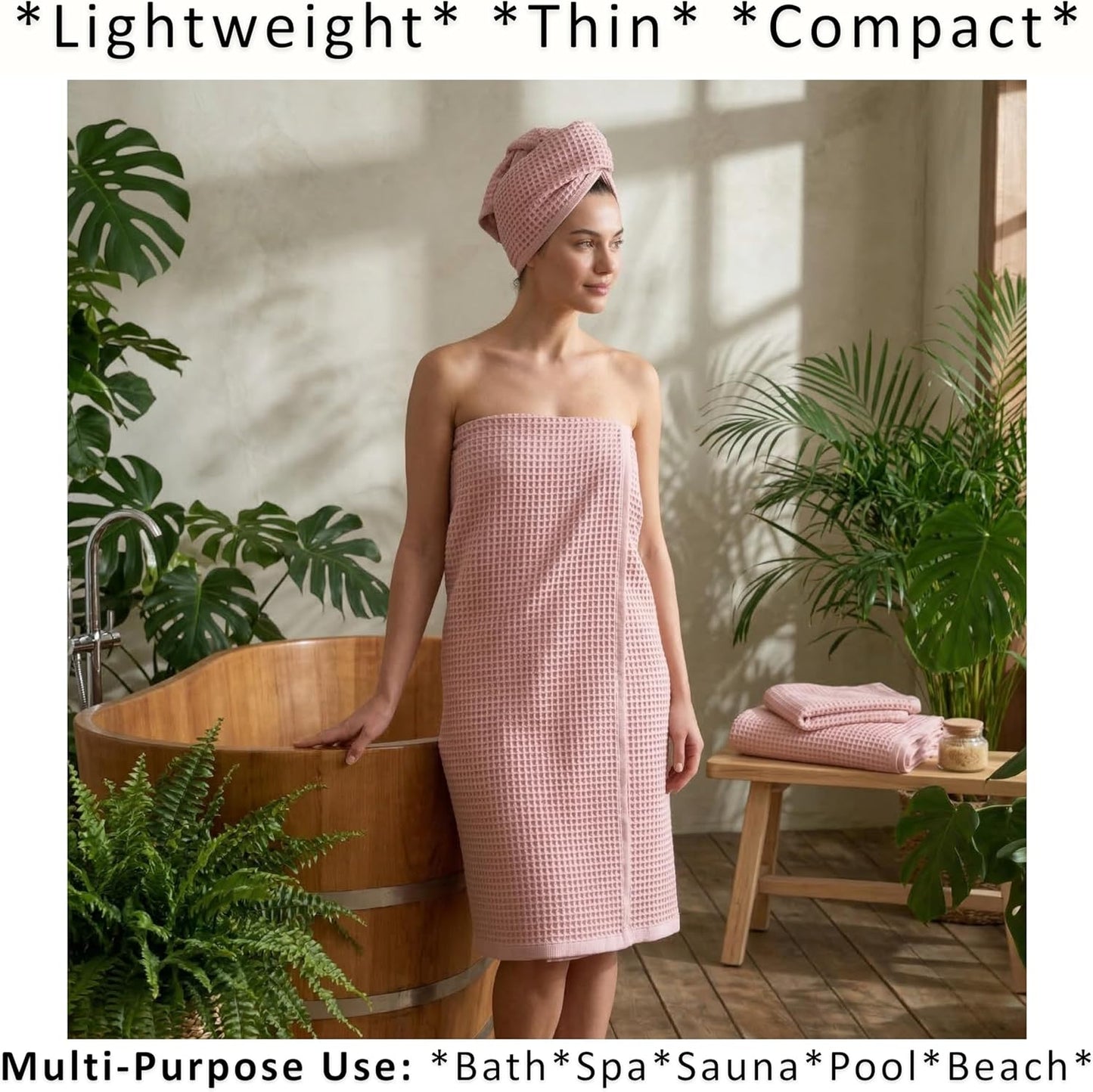 PÜSKÜL Natural 100% Turkish Cotton Waffle Bath Towels Set of 2, Extra-Large | Pink Powder, Oversize 32x63" Bath sheet