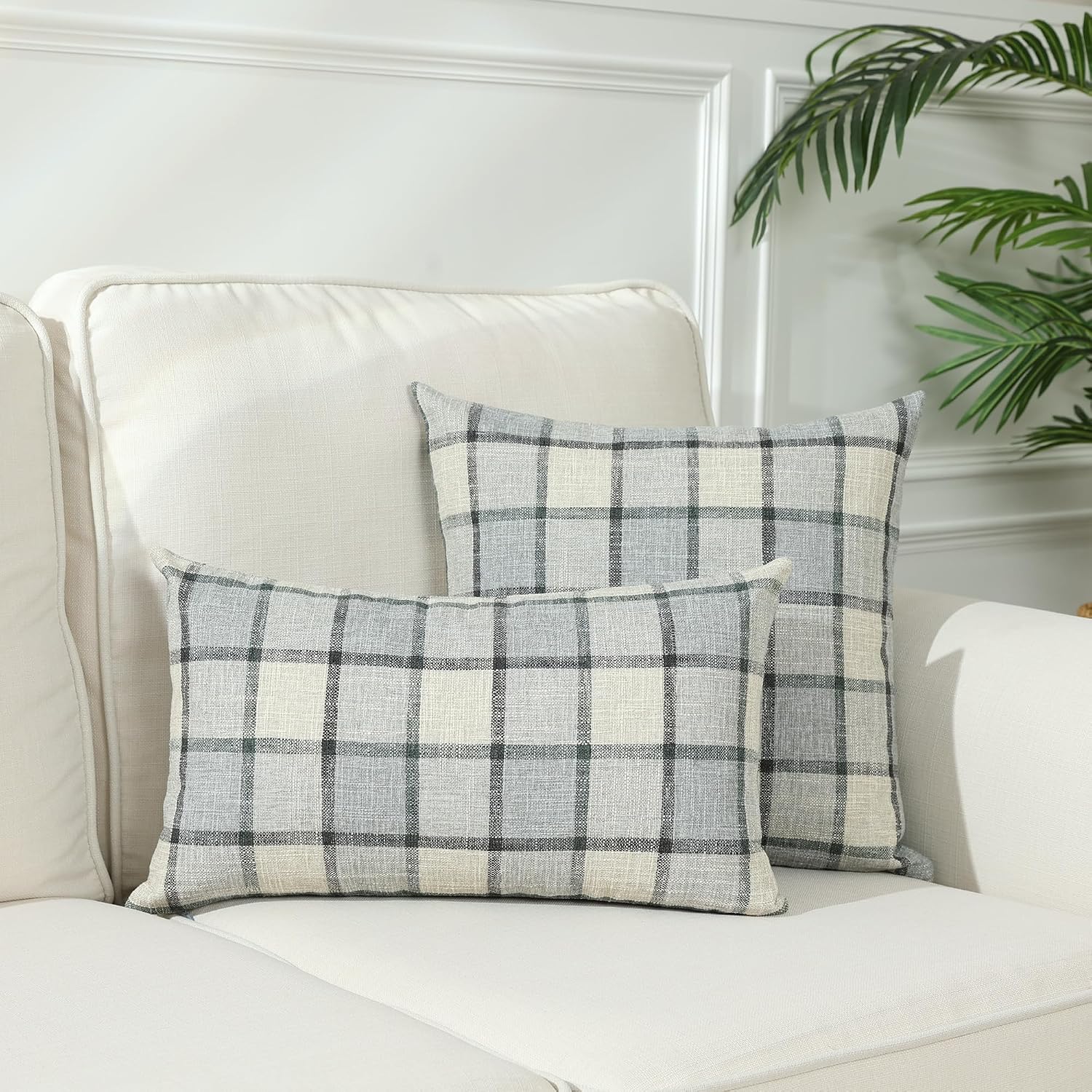 Farmhouse Plaid Decorative Cushion Covers / 22 x 22 / Check-light Grey / Set of 2