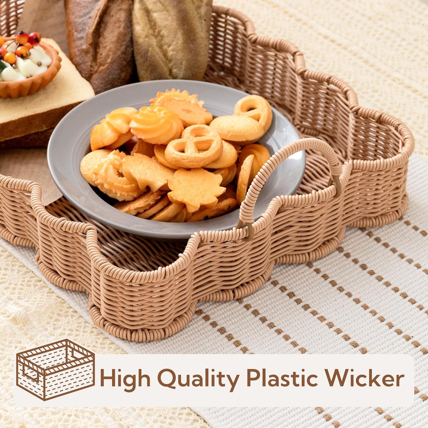 Scalloped Edge Rectangle Wicker Serving Tray / Nude Color