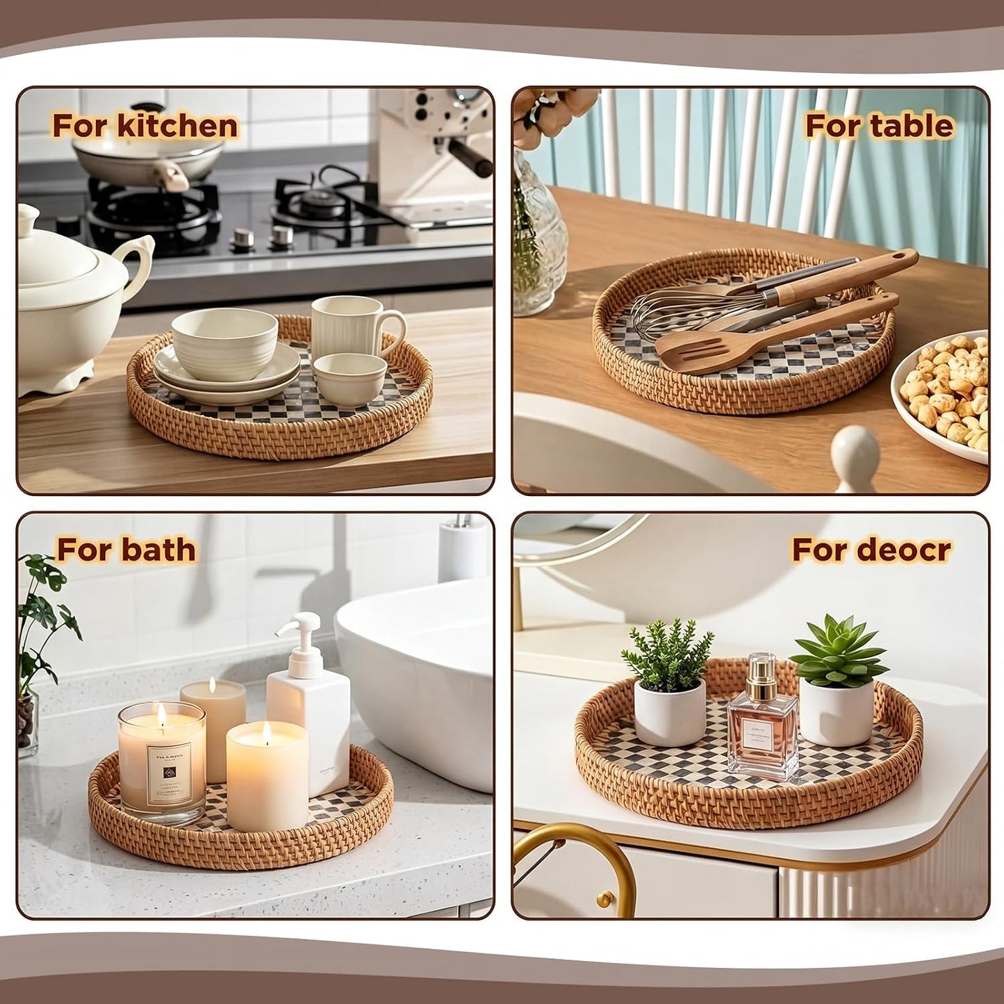 Round Rattan Tray / Black Checkerboard / 3 Size / Set of 3