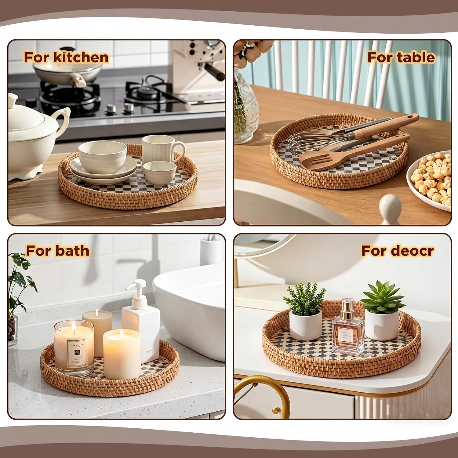 Round Rattan Tray / Black Checkerboard / 3 Size / Set of 3