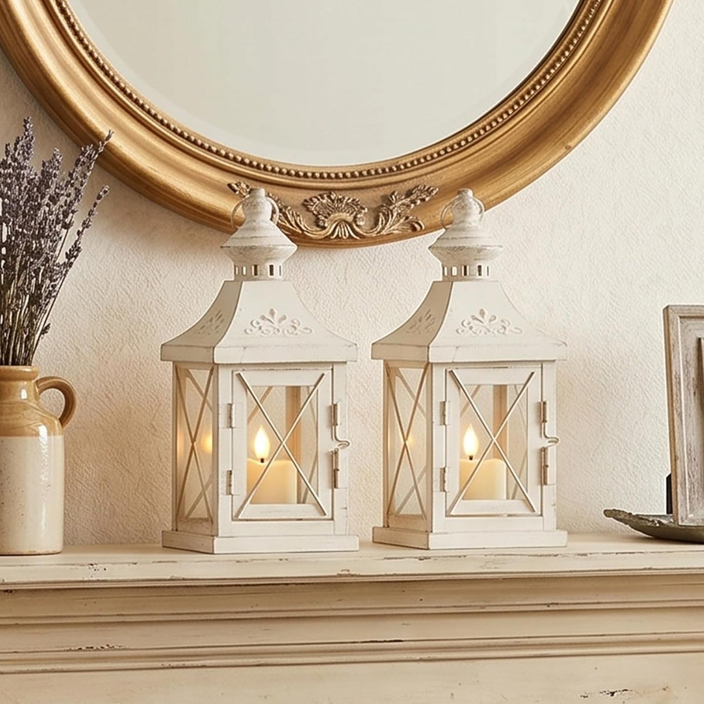 TRIROCKS Set of 2 Decorative Candle Lantern 11'' High Metal Candle Holder Hanging Lantern Perfect for Home Decor