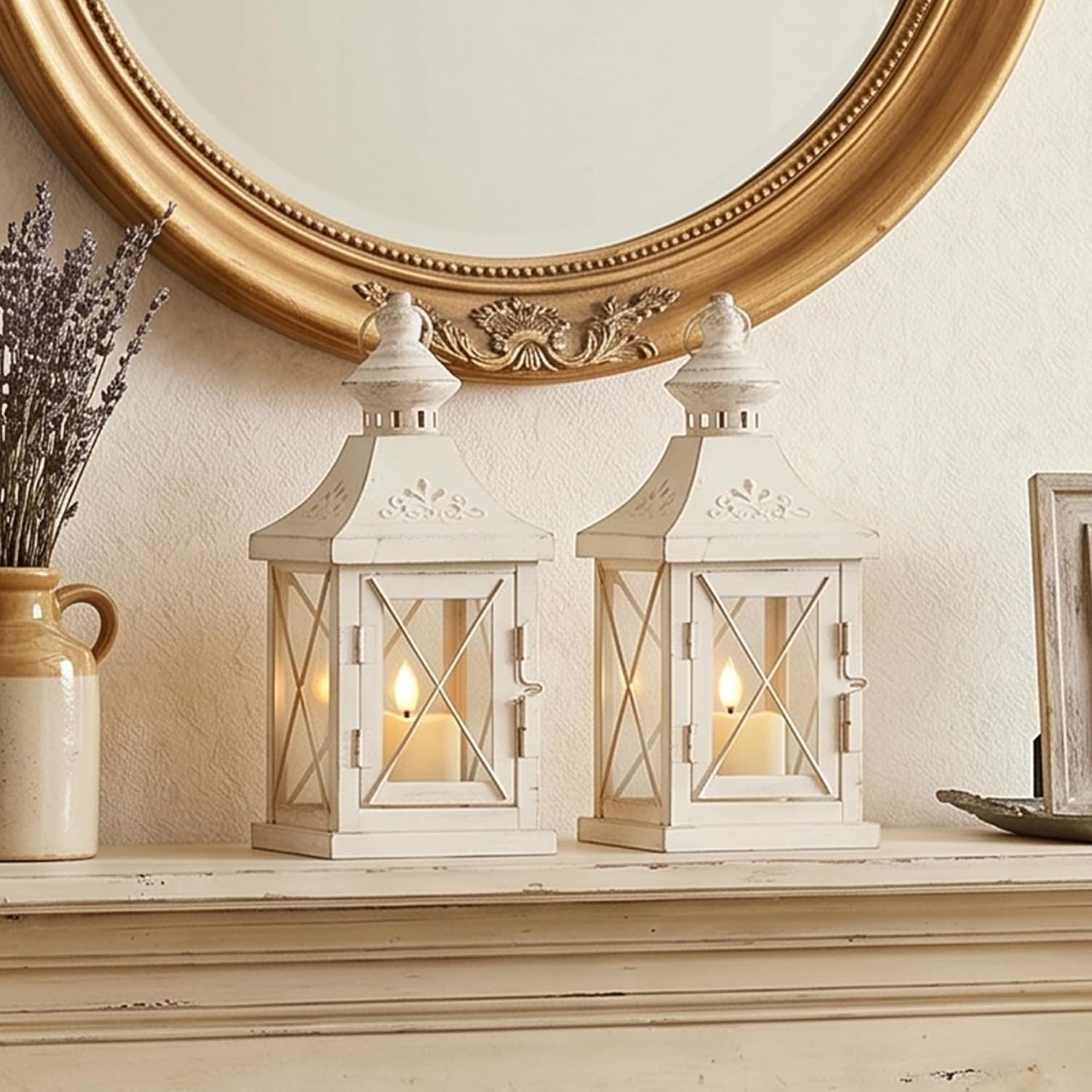 TRIROCKS Set of 2 Decorative Candle Lantern 11'' High Metal Candle Holder Hanging Lantern Perfect for Home Decor