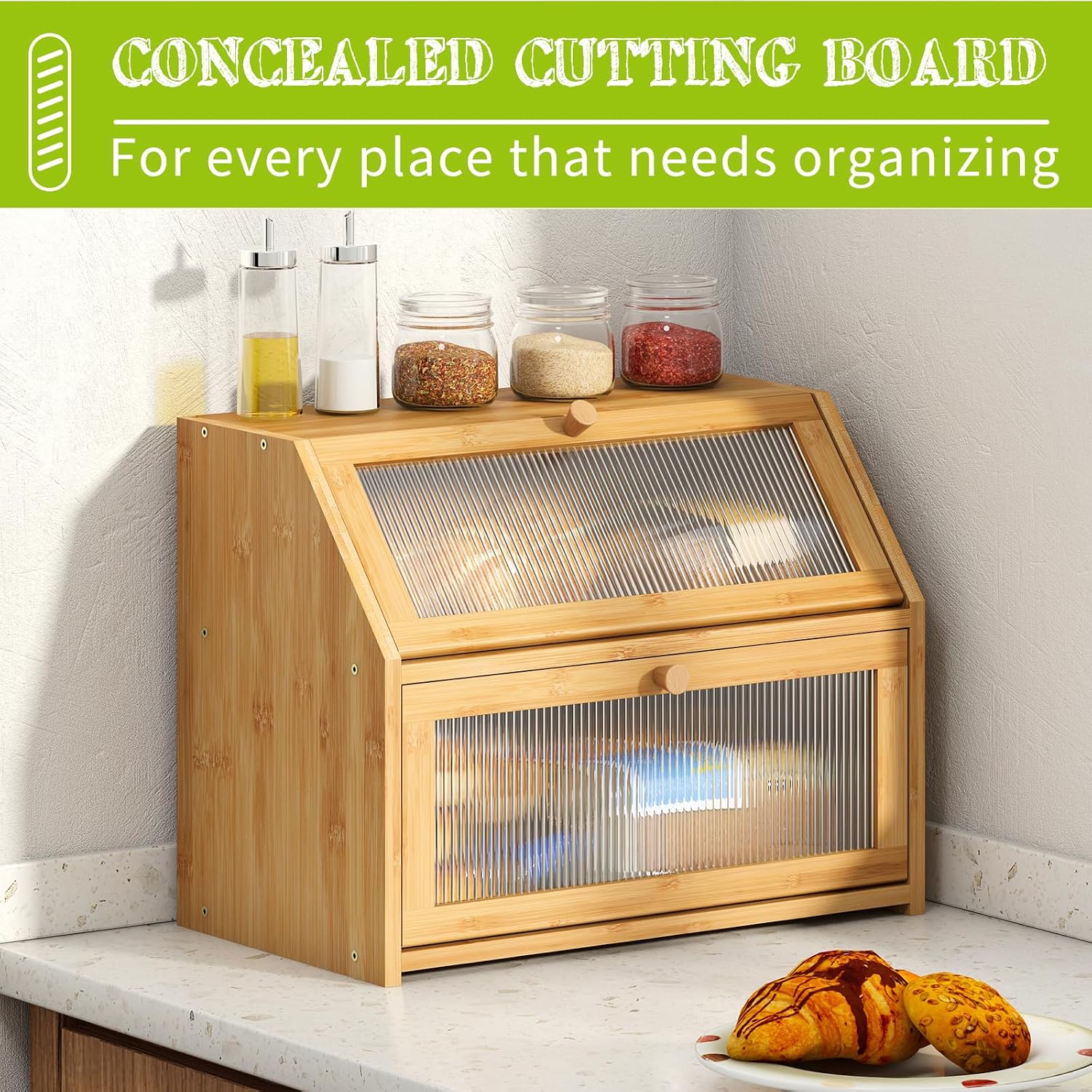 BMOSU Large Bread Box for Kitchen Countertop,Double Layer Bread Box for Kitchen Counter,Bamboo Wood Bread box Capacity