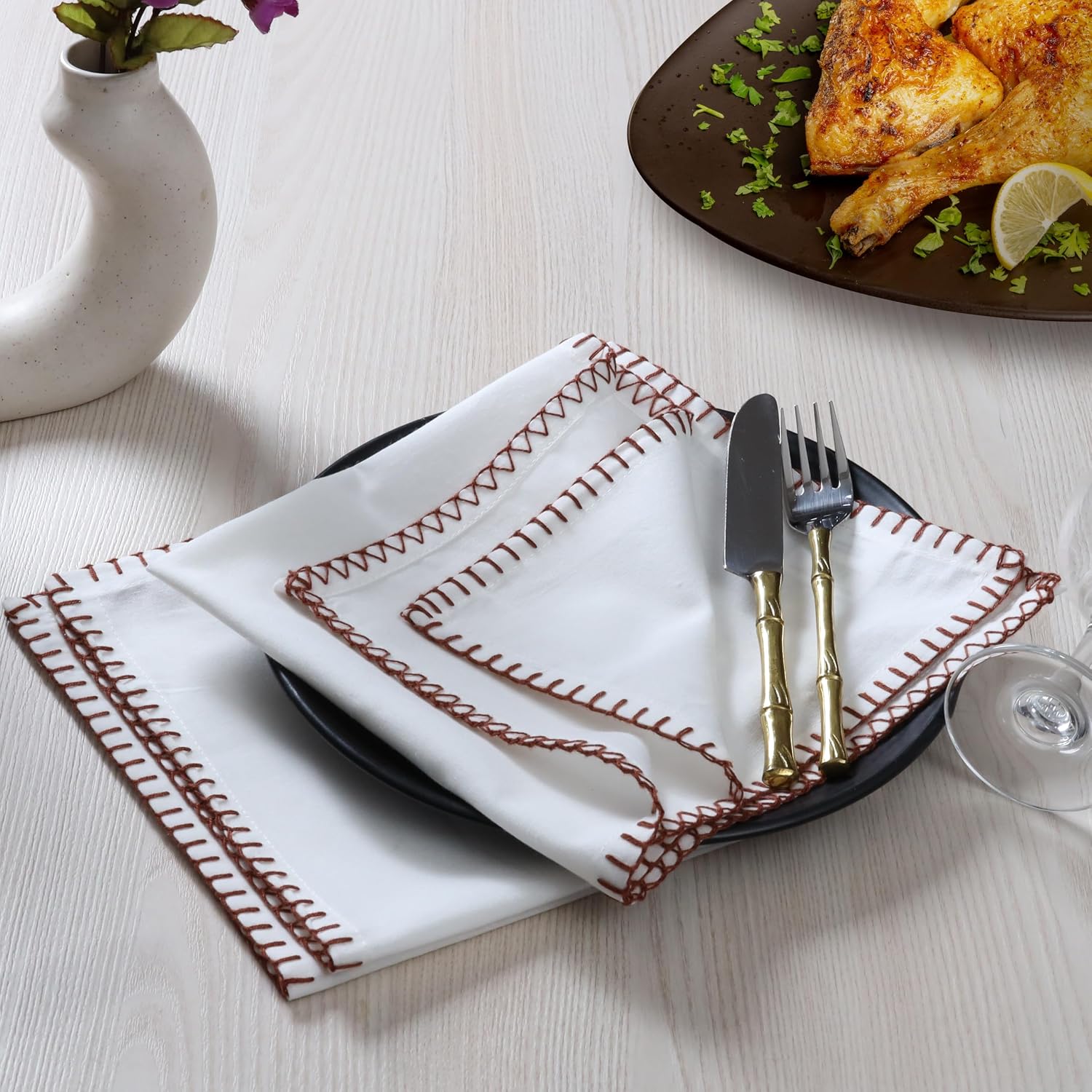 Bedding Craft Cotton Cloth Dinner Napkins Set of 12 – 18x18 Chili Oil Red Cloth Napkins with Blanket Stitch Selvedge –
