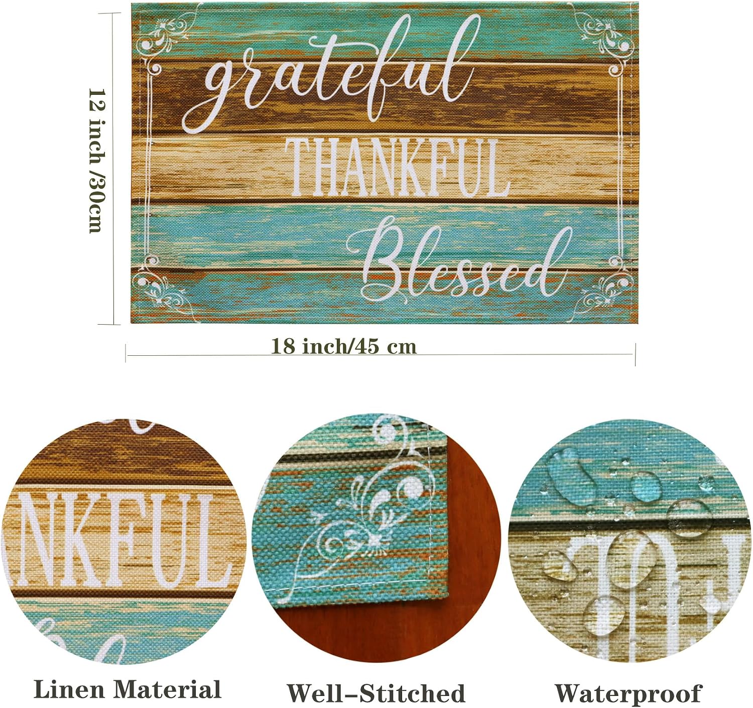 Farmhouse Table Placemats Set of 8 Thanksgiving Place Mats | Teal Linen Wipeable Heat Resistant Washable Fabric