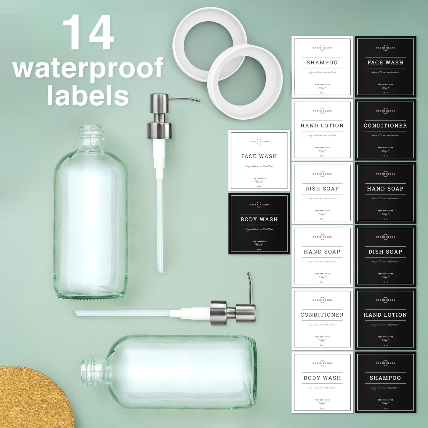 Vine Creations Clear Glass Soap Dispenser, 2 Pack Kitchen Soap Dispenser Set with Stainless Steel Pump, 16 oz Hand Soap