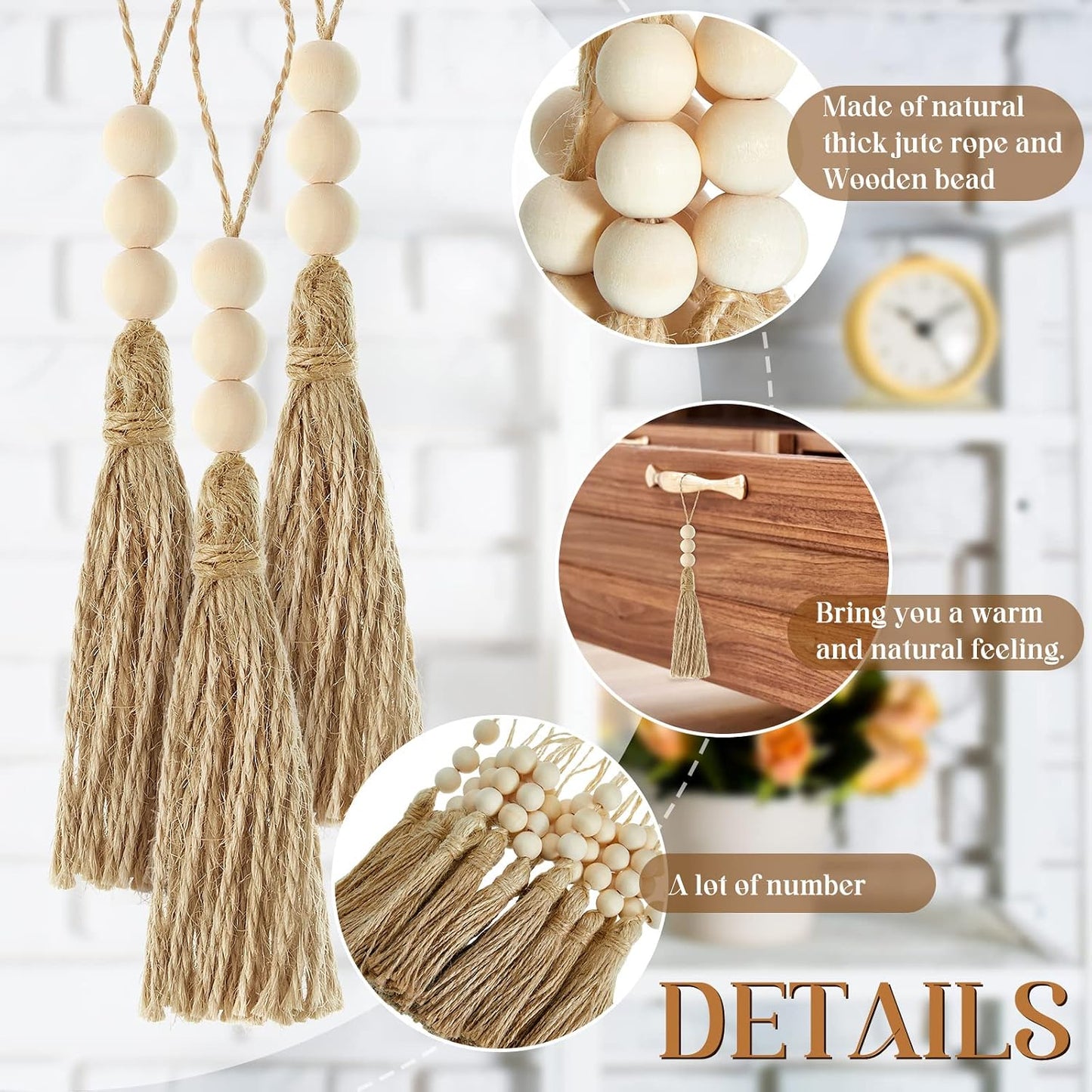 3 Wood Beads Jute Rope Burlap Tassels for Christmas Tree DIY Craft Wood Beads / Natural / Set of 40