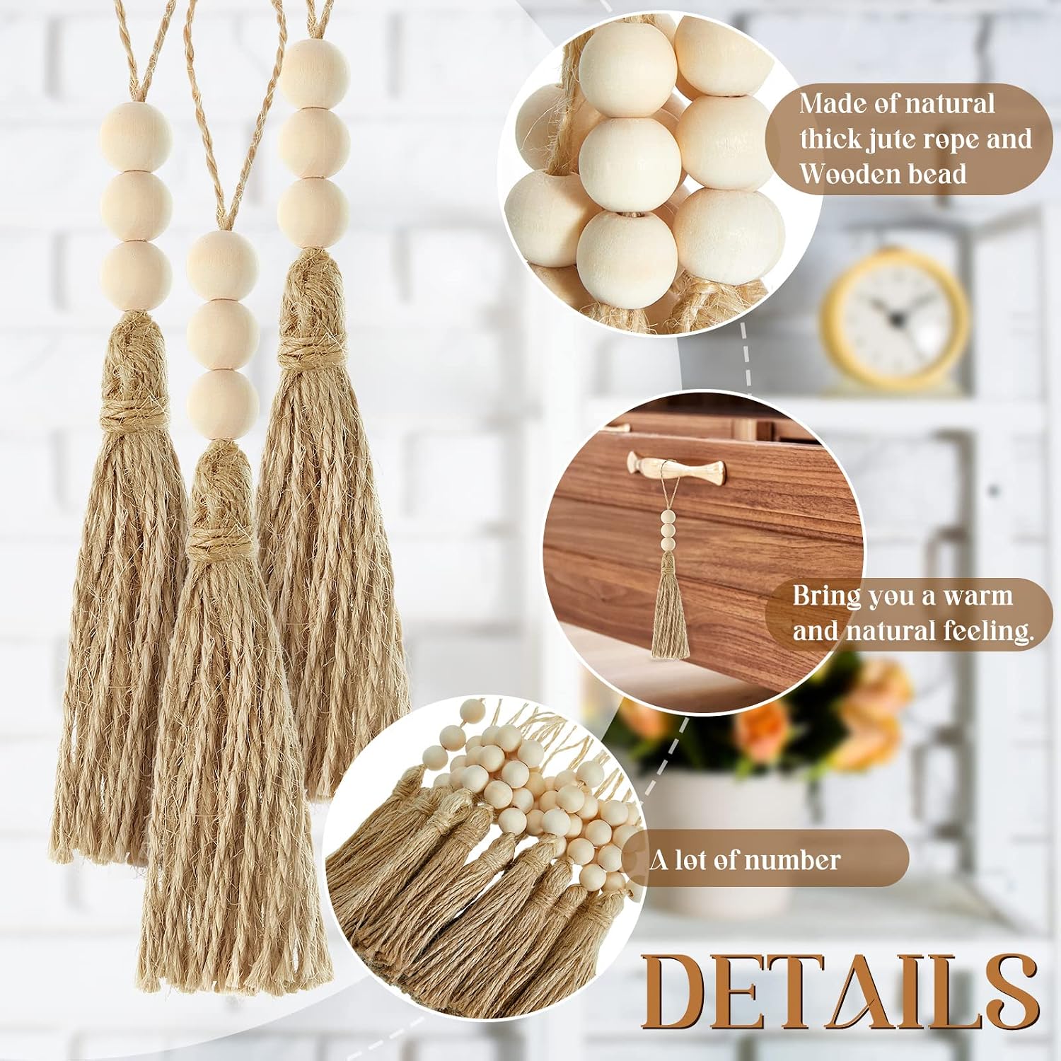 3 Wood Beads Jute Rope Burlap Tassels for Christmas Tree DIY Craft Wood Beads / Natural / Set of 40
