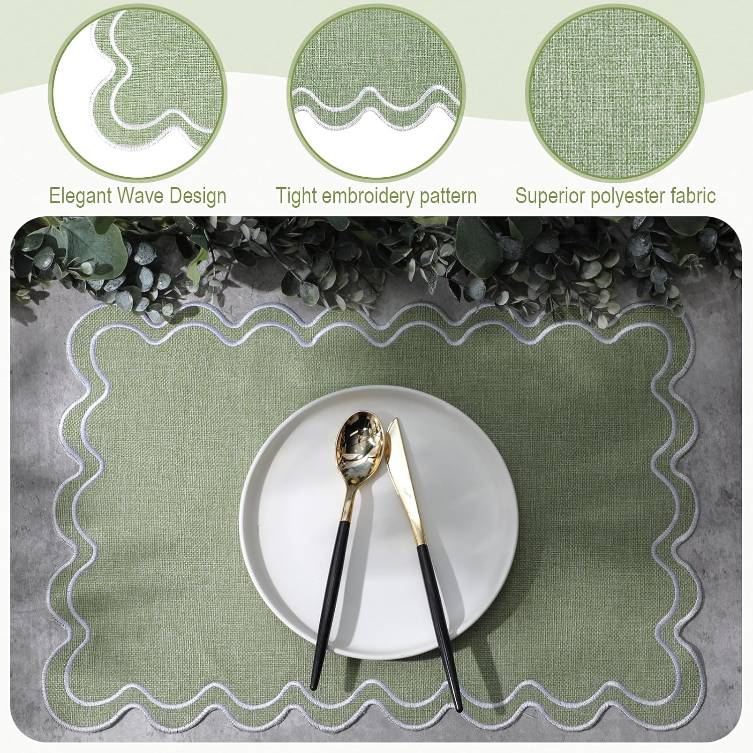 HunnmingRe Sage Green with White Set of 6 Cotton Linen Wedding Placemats, 13x19 Inch Scalloped Wavy Embroidery Placemat