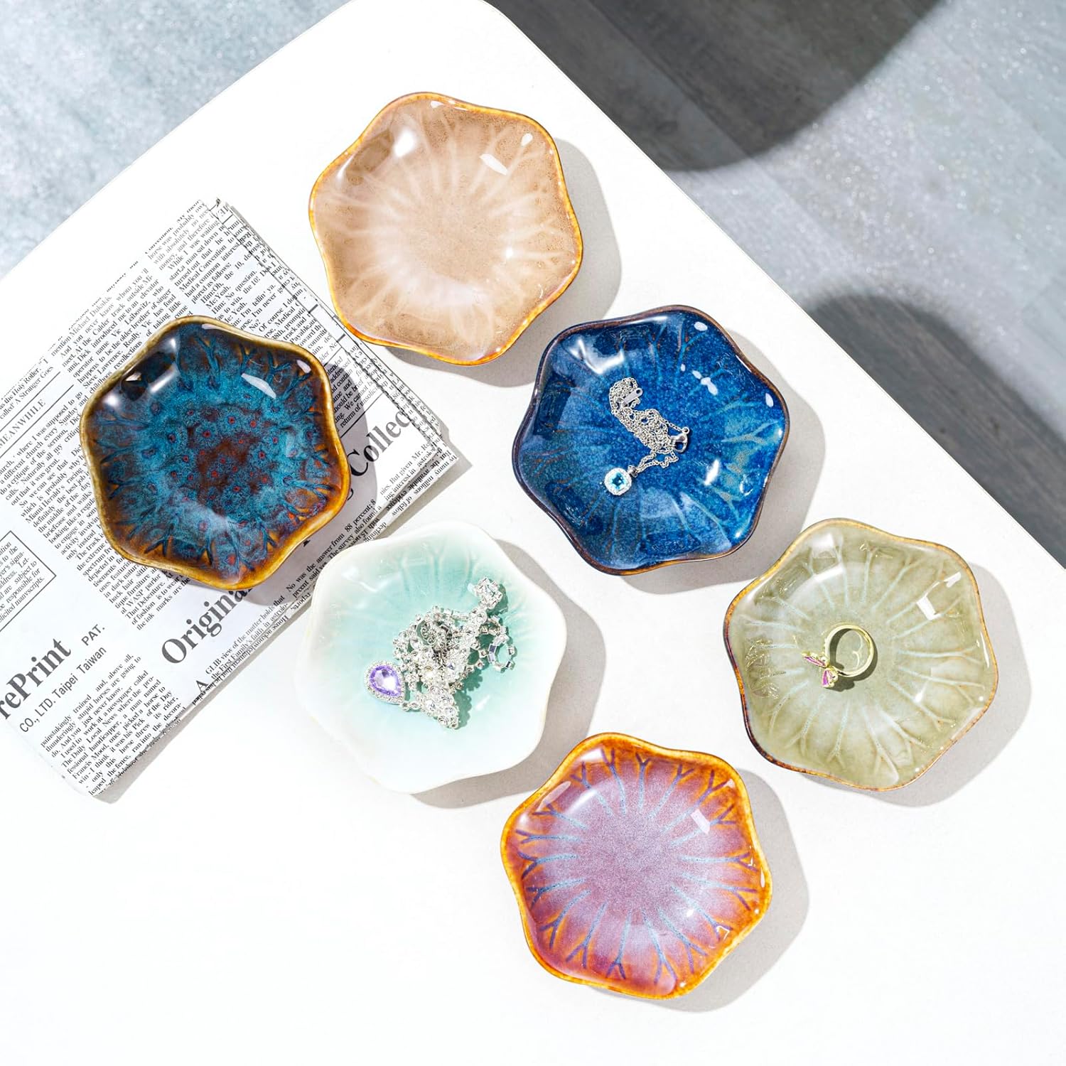 Handcrafted Floral Trinket Trays in Luxe Glazed / Kiln Transformation Six Color Mixture / Set of 6