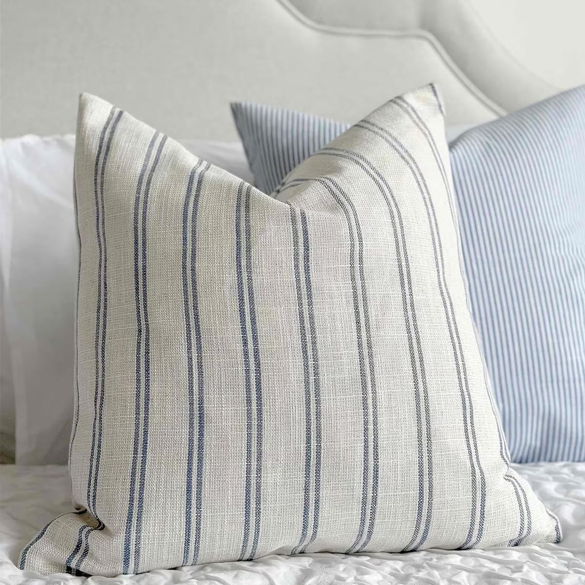 Farmhouse Linen Throw Pillow Cover / Blue Striped / 18 x 18 / Set of 2