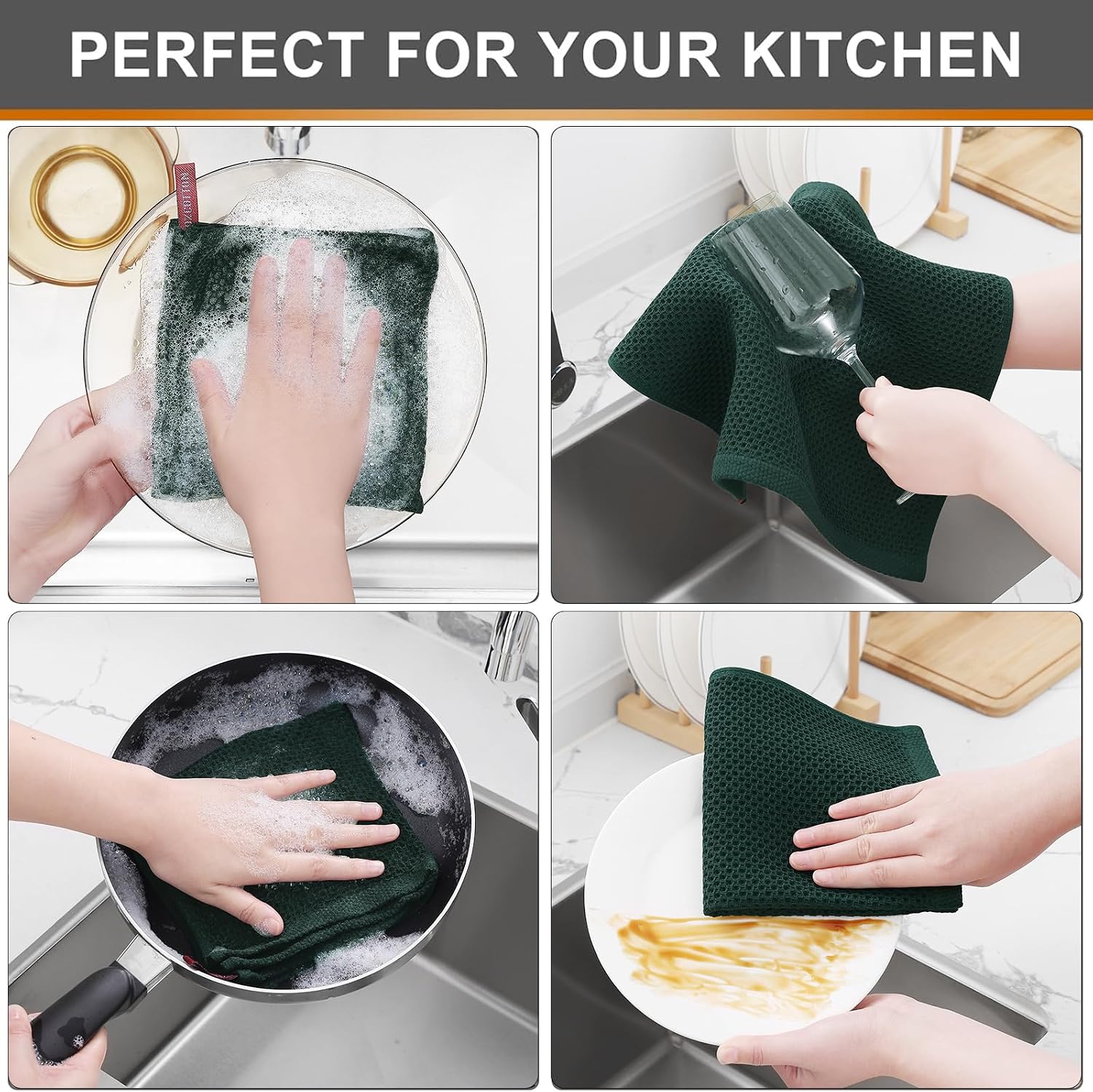 Kitinjoy Cotton Waffle 12-Pack Kitchen Towels, 12" x 12", Blackish Green | Ultra Absorbent, Super Soft, lightweight