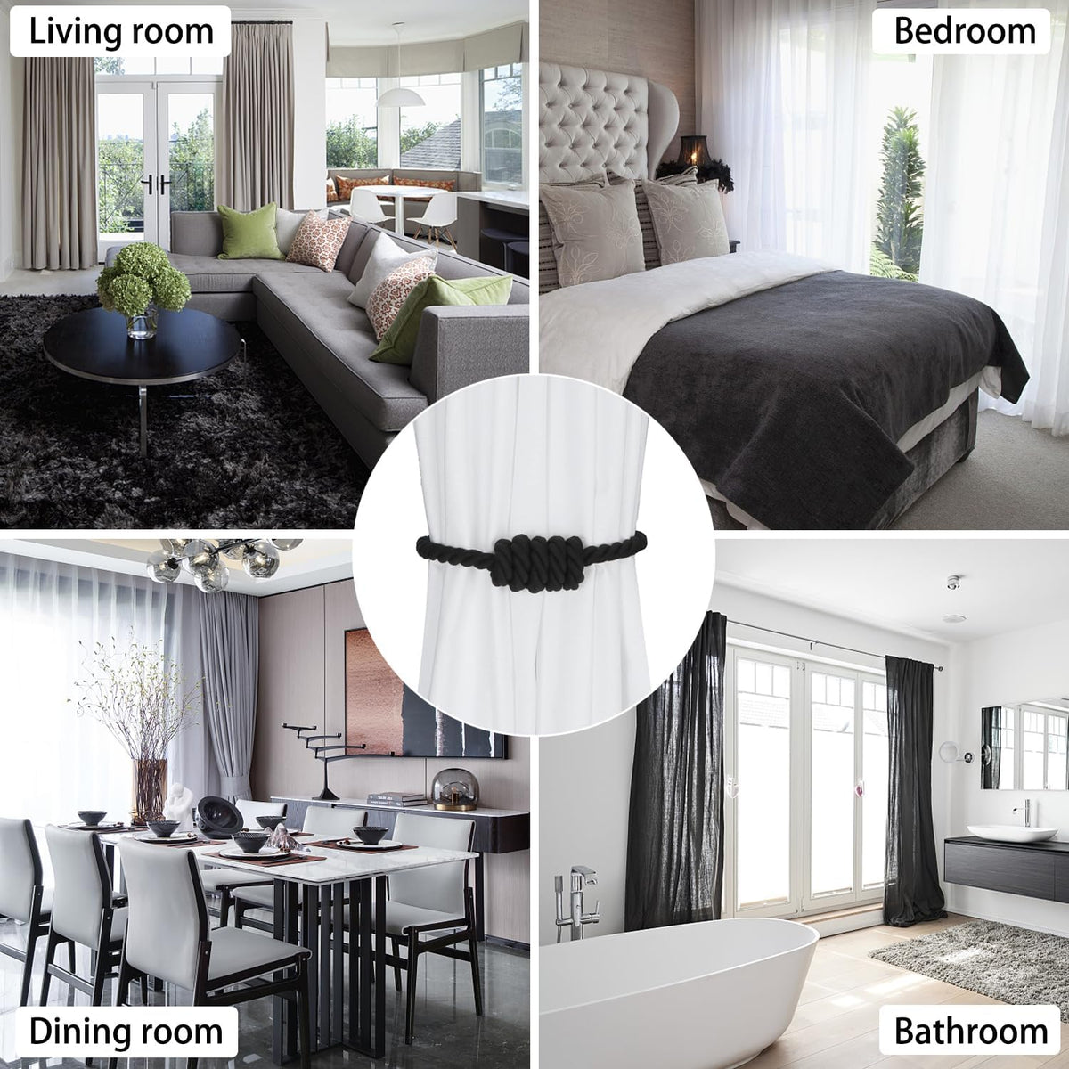 BEL AVENIR Magnetic Cotton Curtain Tiebacks 6 Pack Hand-Woven Curtain Ties | Black Cotton Decorative Curtain Holdbacks