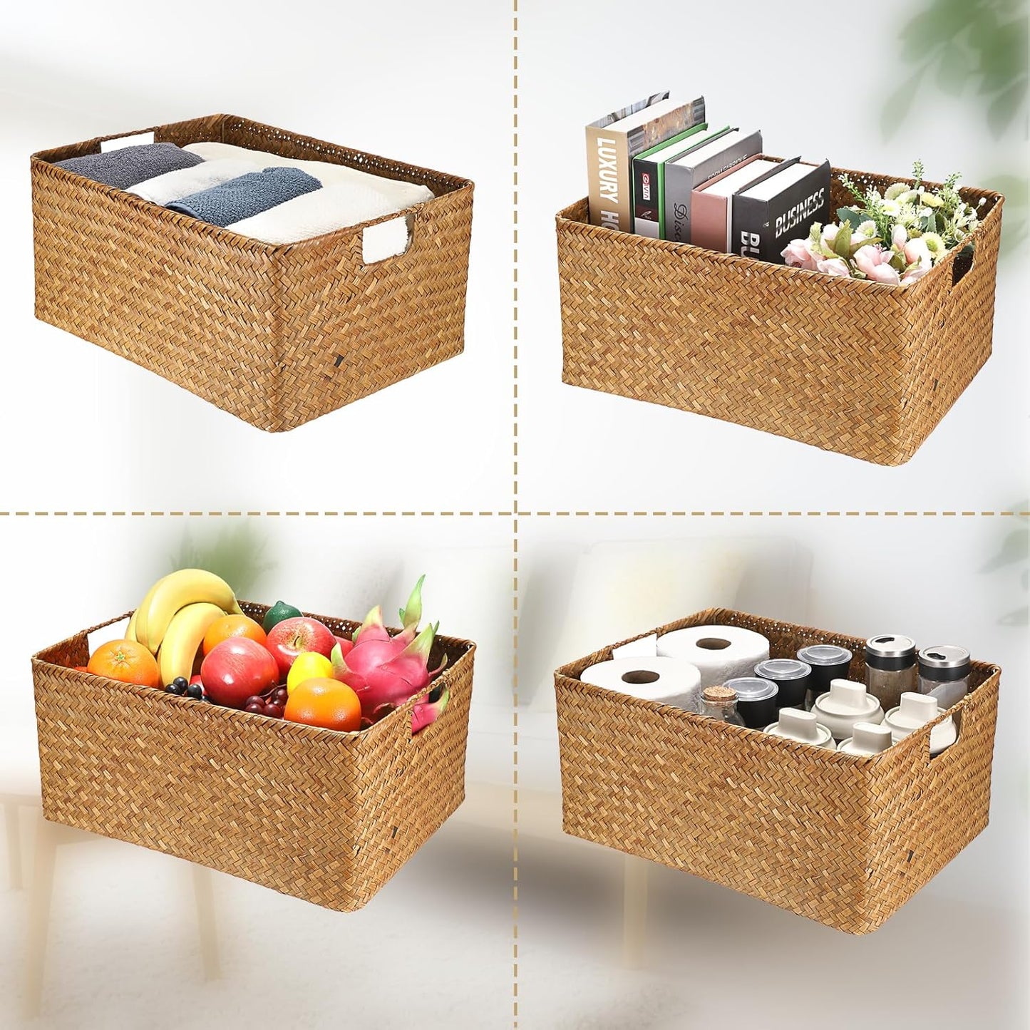 Seagrass Storage Baskets Bin / 16.1 x 11.8 x 7.7 / Large / Caramel