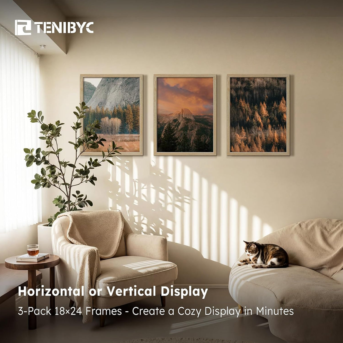 18x24 Poster Frame, Natural Wood, 3 Pack, Wall Hanging for Picture | Thick Polished Plexiglass, Large Movie Poster