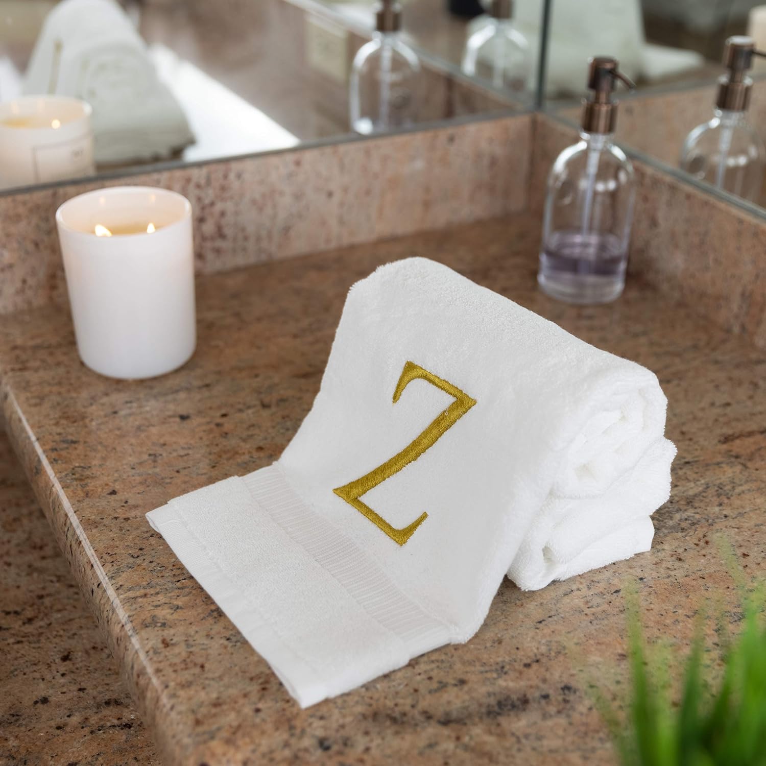 White with Gold Monogrammed Hand Towels for Bathroom - Set of 2 Letter Z | Luxury Hotel Quality Initial Towels For
