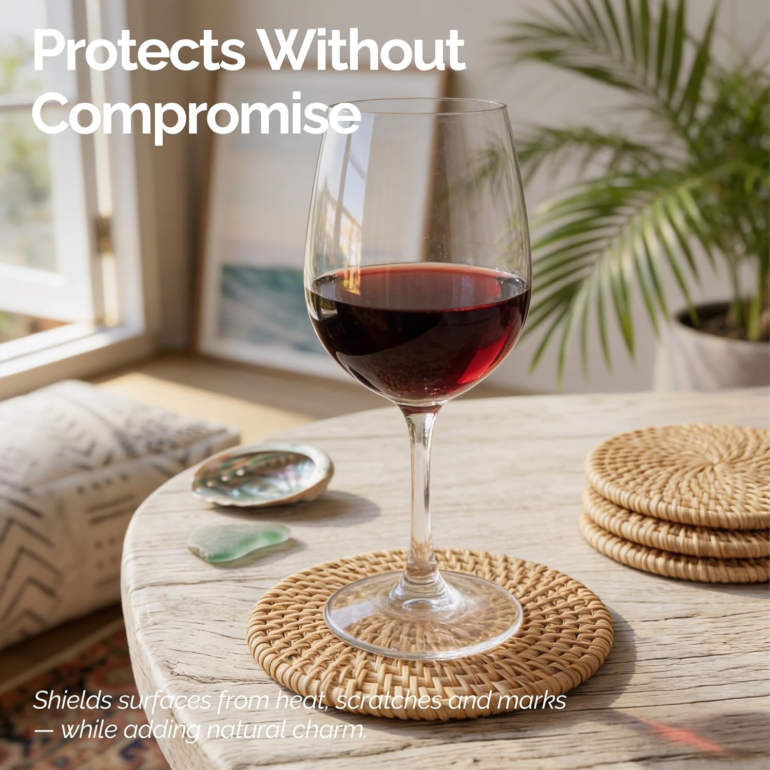 Handmade Rattan Coasters for Drinks & Holder • Natural Round Woven / Natural Honey / Set of 6