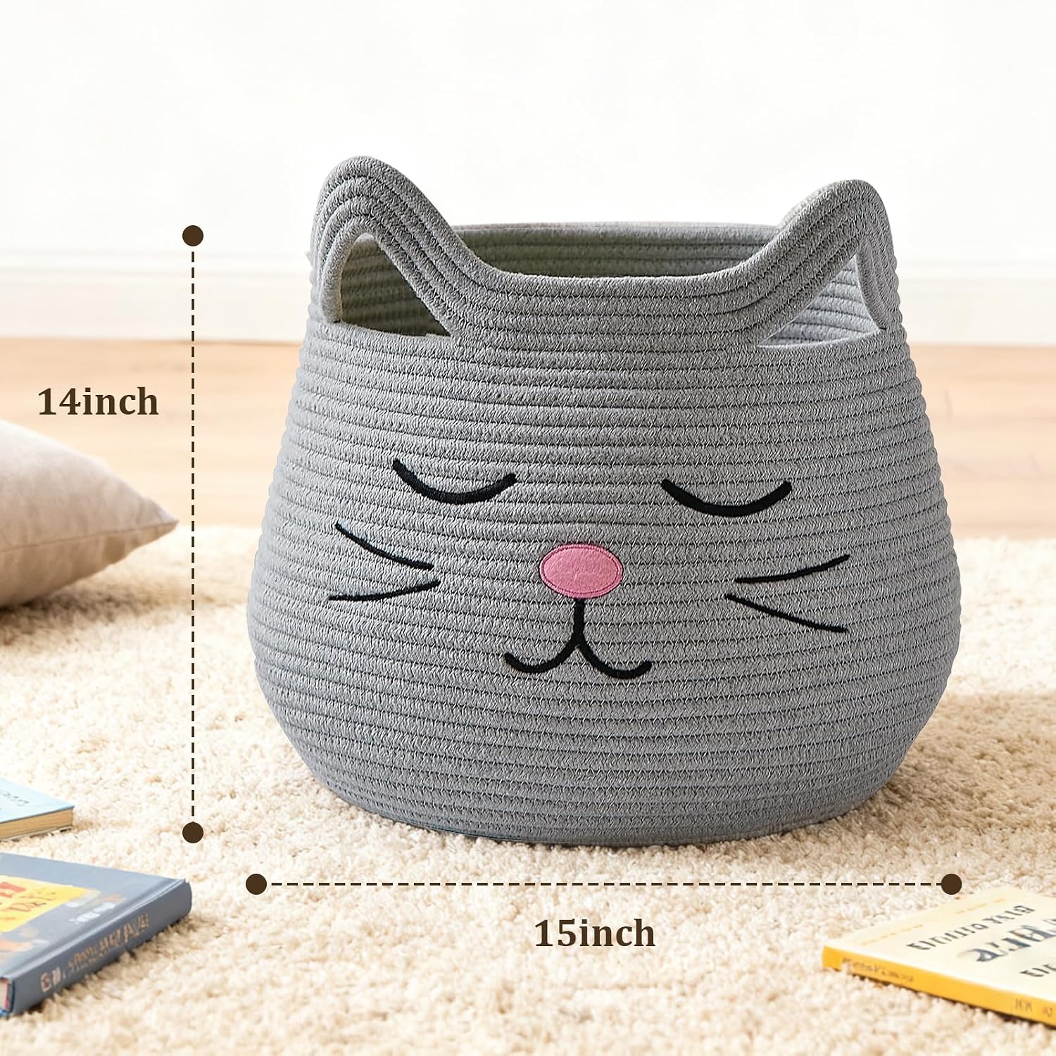 Animal Baskets Large Woven Cotton Rope Storage / Grey / Cute Grey Cat