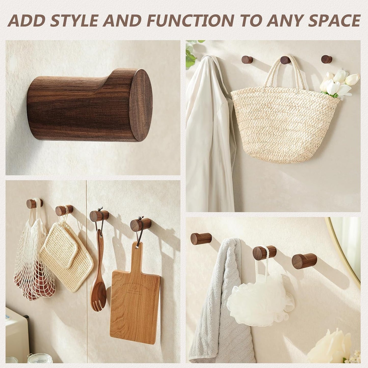 Wooden Wall Hooks / 4 Hooks / Walnut / Set of 4