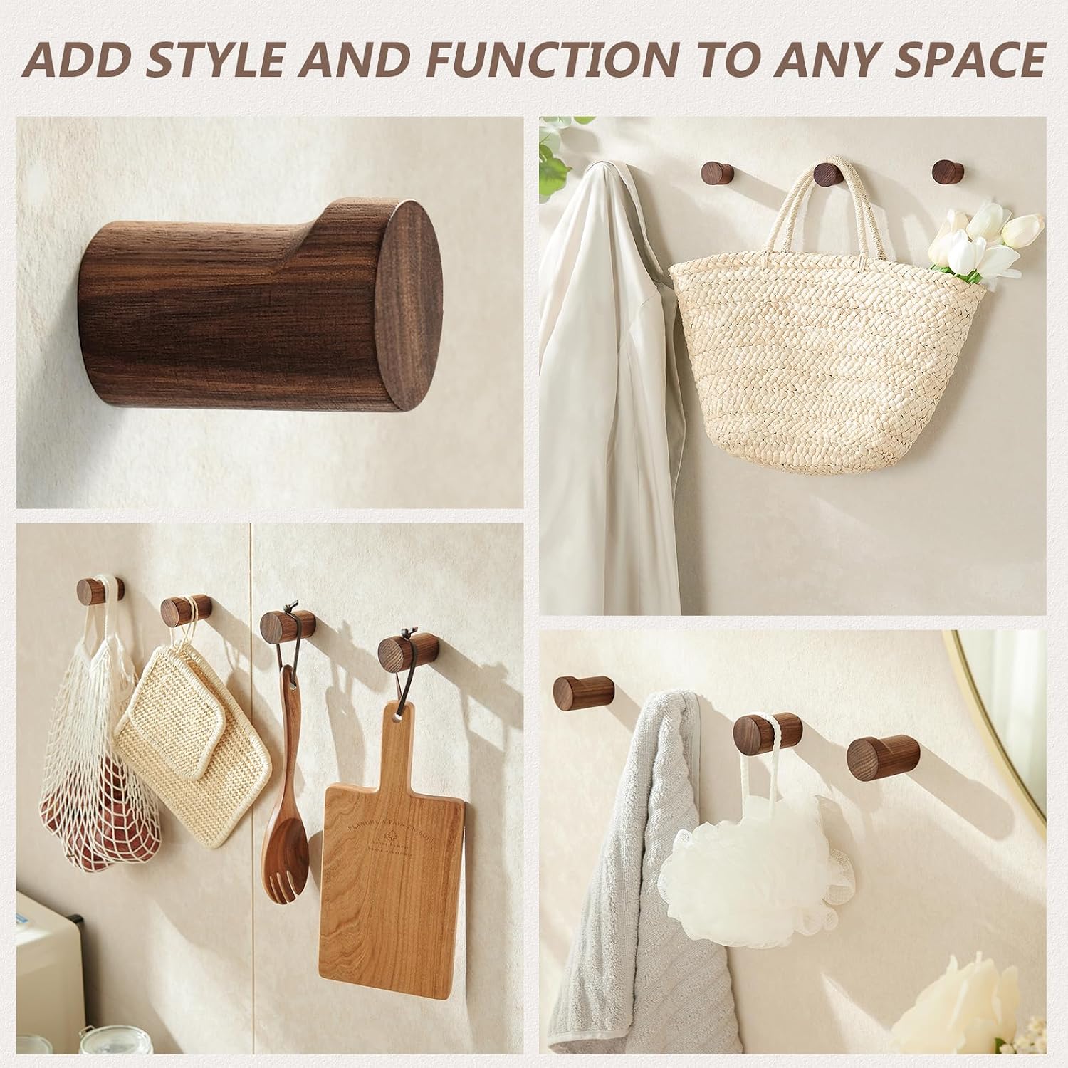 Wooden Wall Hooks / 4 Hooks / Walnut / Set of 4