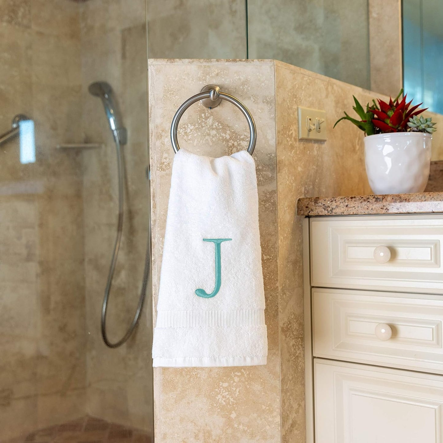 White with Teal Monogrammed Hand Towels for Bathroom - Set of 2 Letter J | Luxury Hotel Quality Initial Towels For