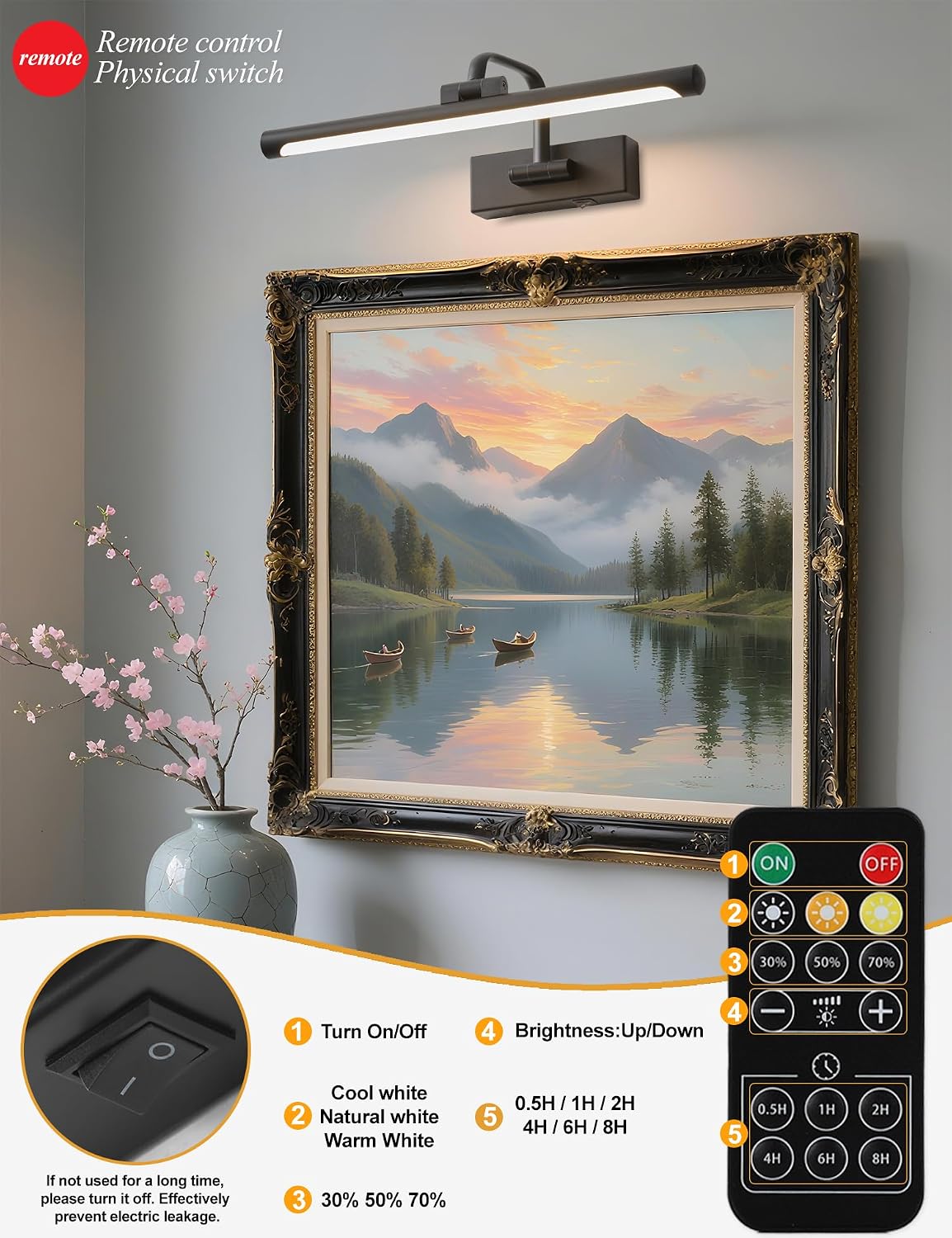 Picture Lights for Wall Battery Operated, Rechargeable Light for Picture with Remote & Timer, Black Art Light for
